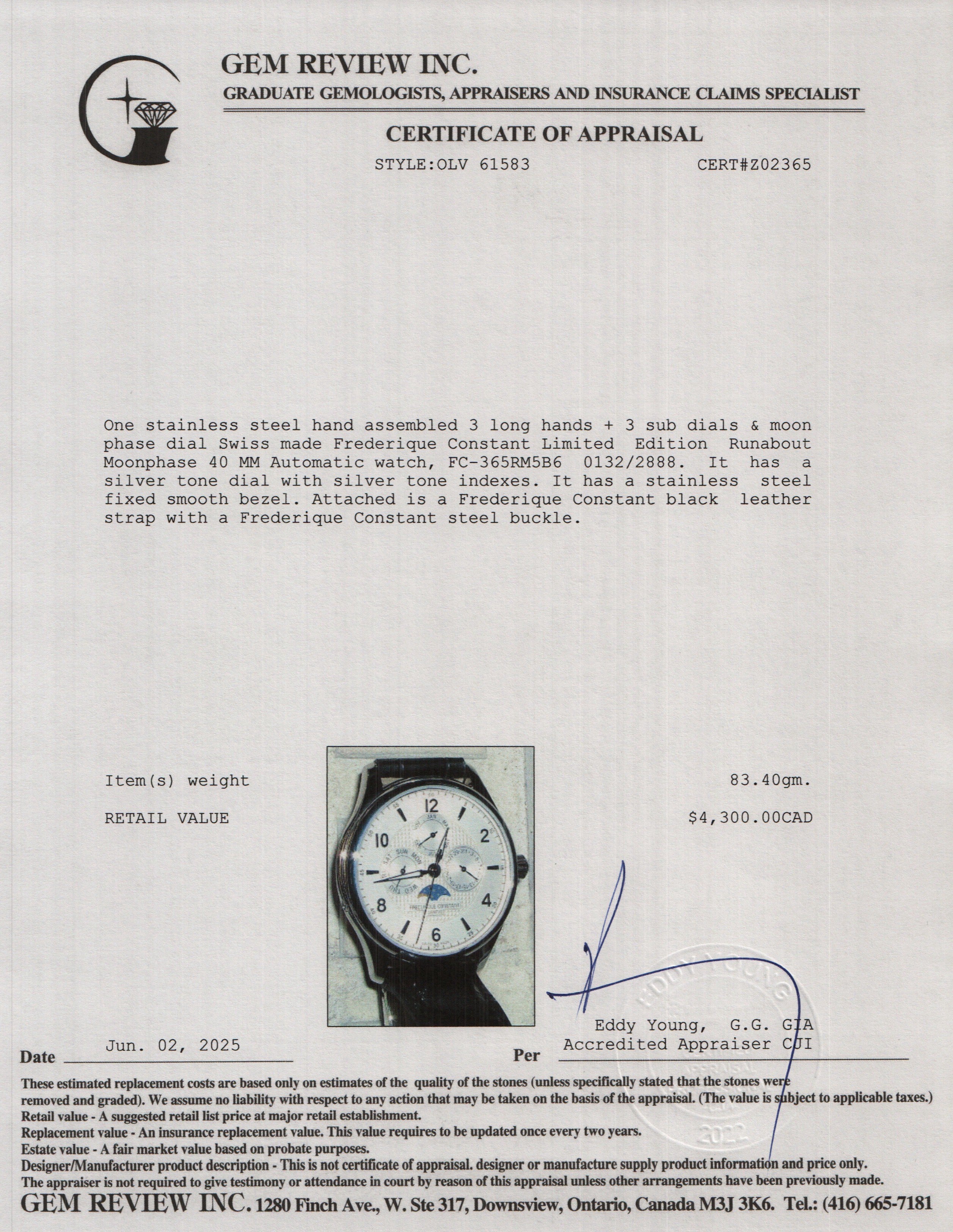 Frederique Constant Limited Edition Stainless Steel Runabout Moonphase 40 MM Automatic Watch w/ Box & Papers