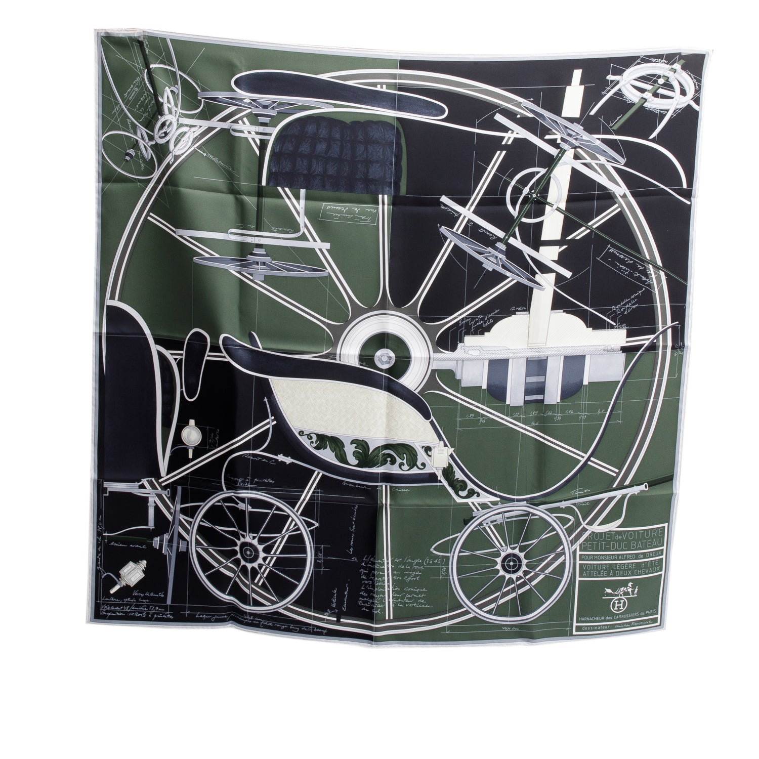 Hermes Noir/Kaki/Creme 'Petit Duc' Silk Scarf 90 w/ Box