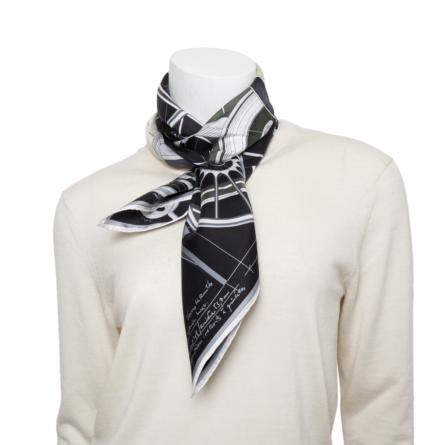 Hermes Noir/Kaki/Creme 'Petit Duc' Silk Scarf 90 w/ Box