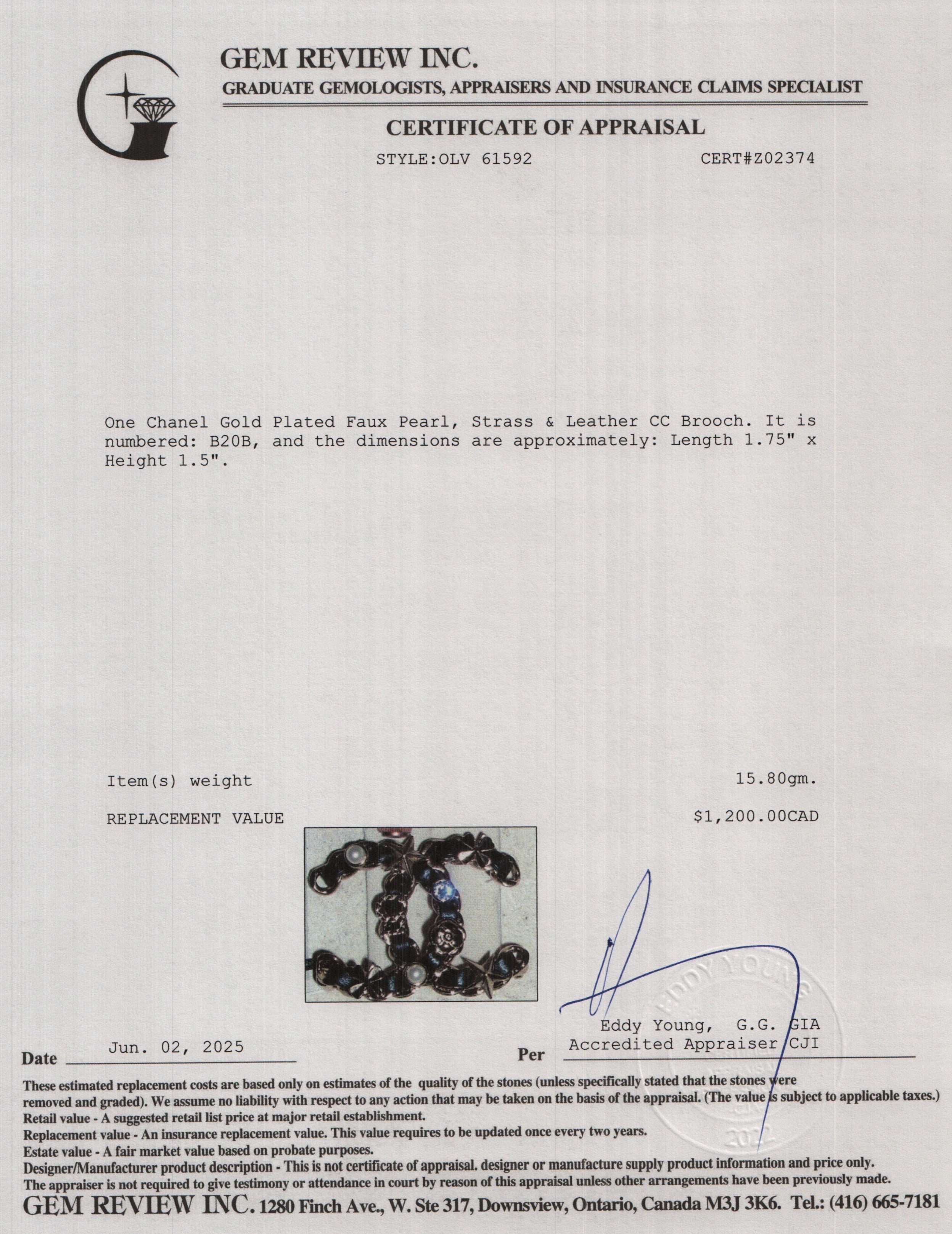 Chanel Gold Plated Faux Pearl, Strass & Leather CC Brooch w/ Box