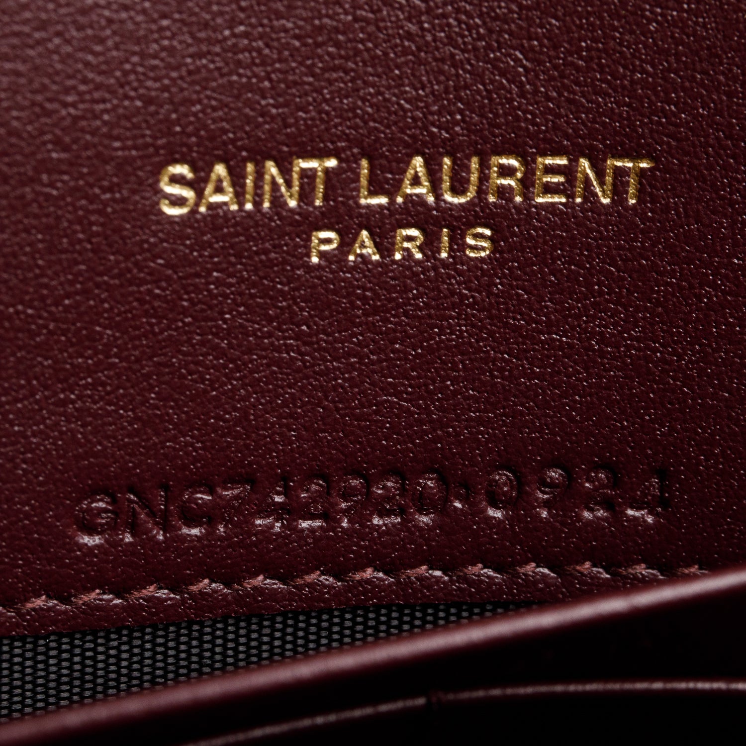 Saint Laurent 2024 Burgundy Patent Leather Cassandre Envelope Chain Wallet w/ Box