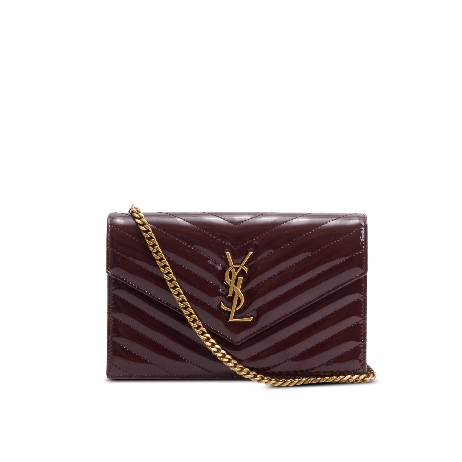 Saint Laurent 2024 Burgundy Patent Leather Cassandre Envelope Chain Wallet w/ Box