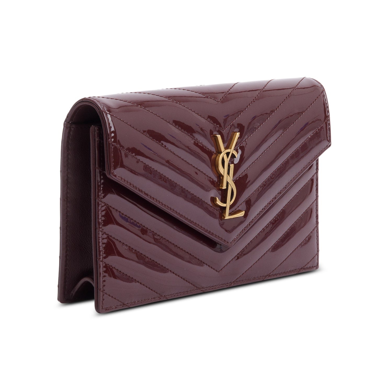 Saint Laurent 2024 Burgundy Patent Leather Cassandre Envelope Chain Wallet w/ Box
