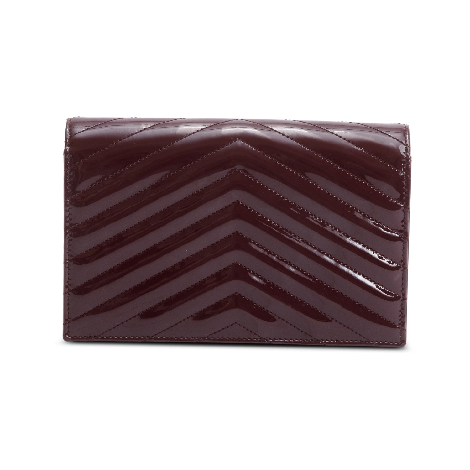 Saint Laurent 2024 Burgundy Patent Leather Cassandre Envelope Chain Wallet w/ Box