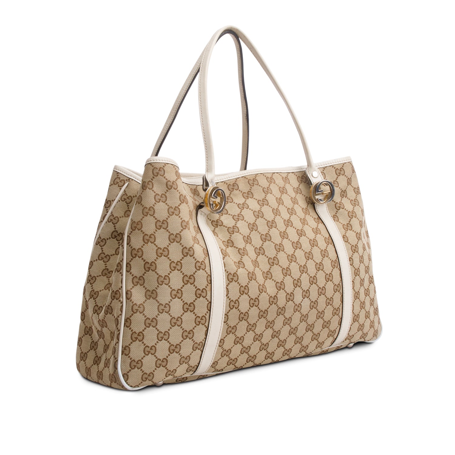 Gucci White Leather Trim GG Canvas Large Twin Tote