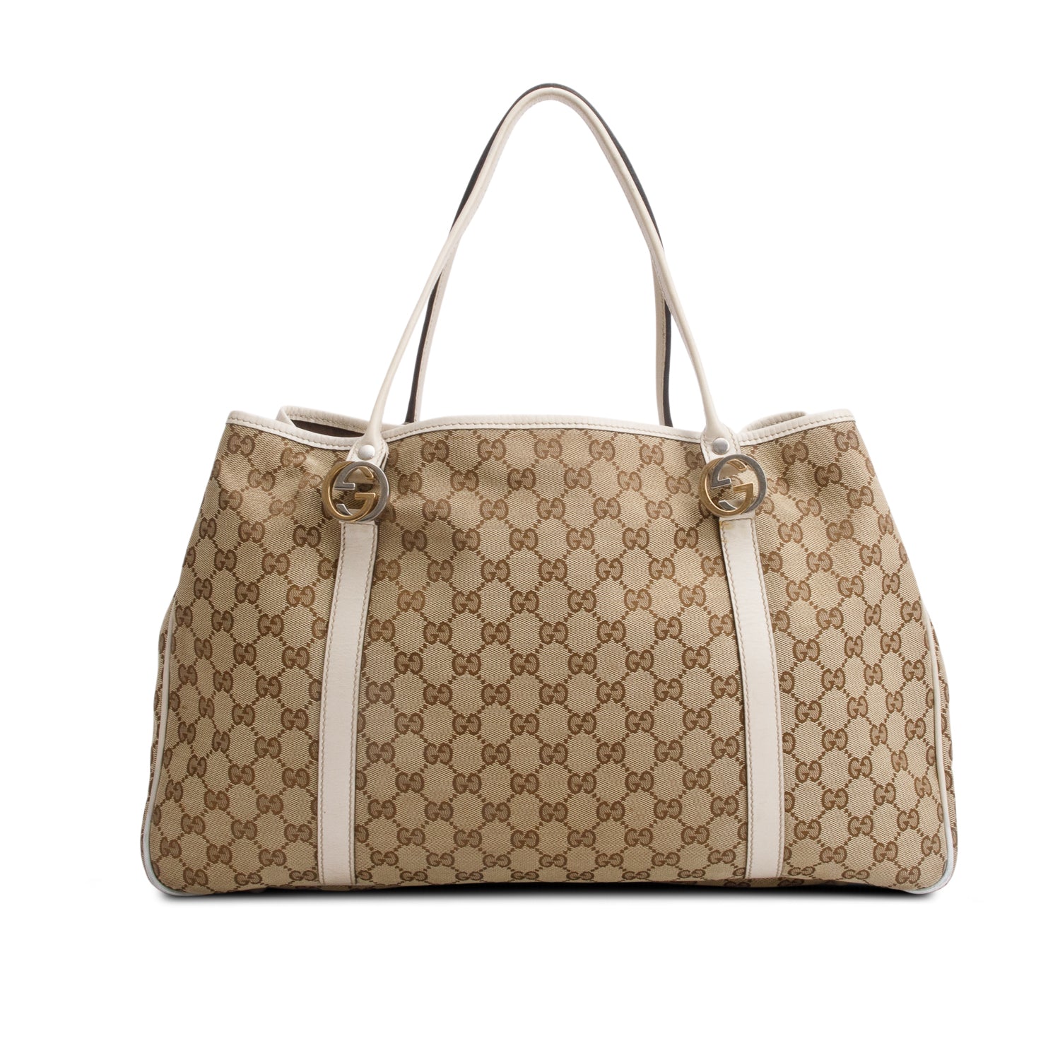 Gucci White Leather Trim GG Canvas Large Twin Tote