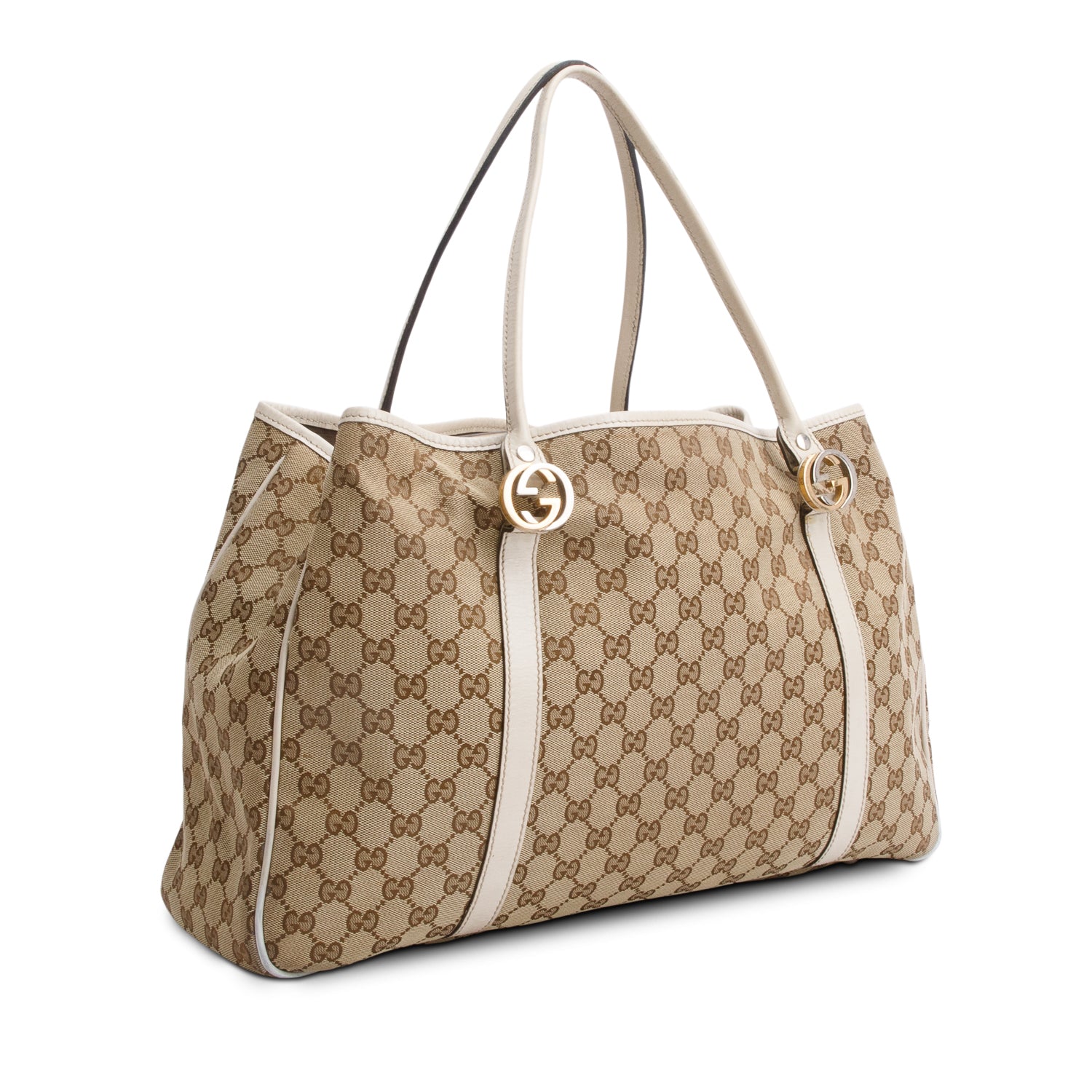 Gucci White Leather Trim GG Canvas Large Twin Tote