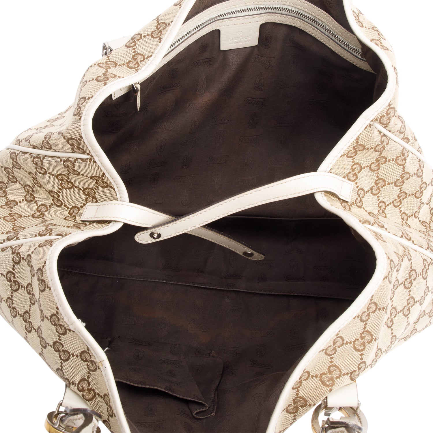 Gucci White Leather Trim GG Canvas Large Twin Tote