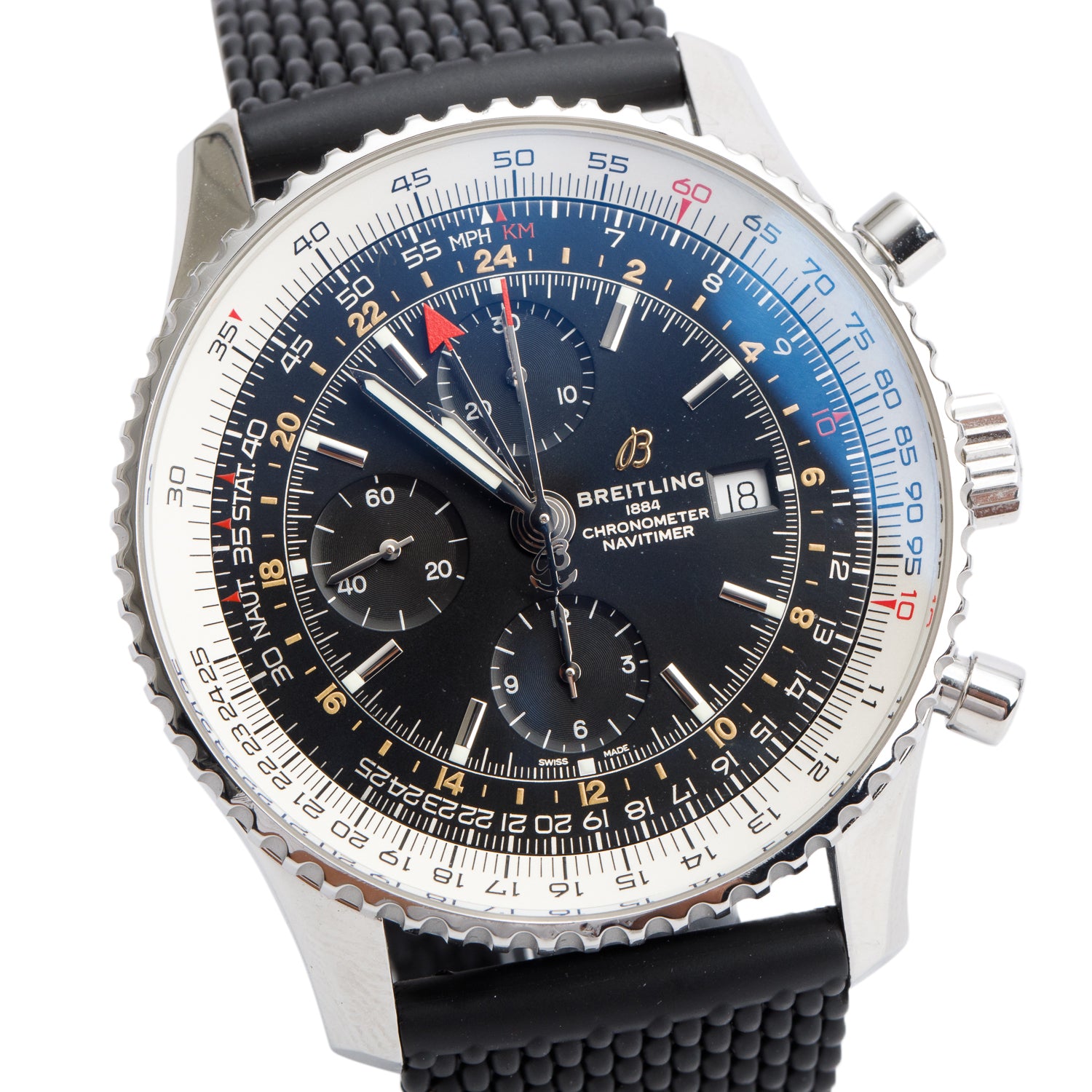 Breitling Stainless Steel Navitimer World GMT 46 MM Chronograph Automatic Watch Black Dial A24322 w/ Box & Papers