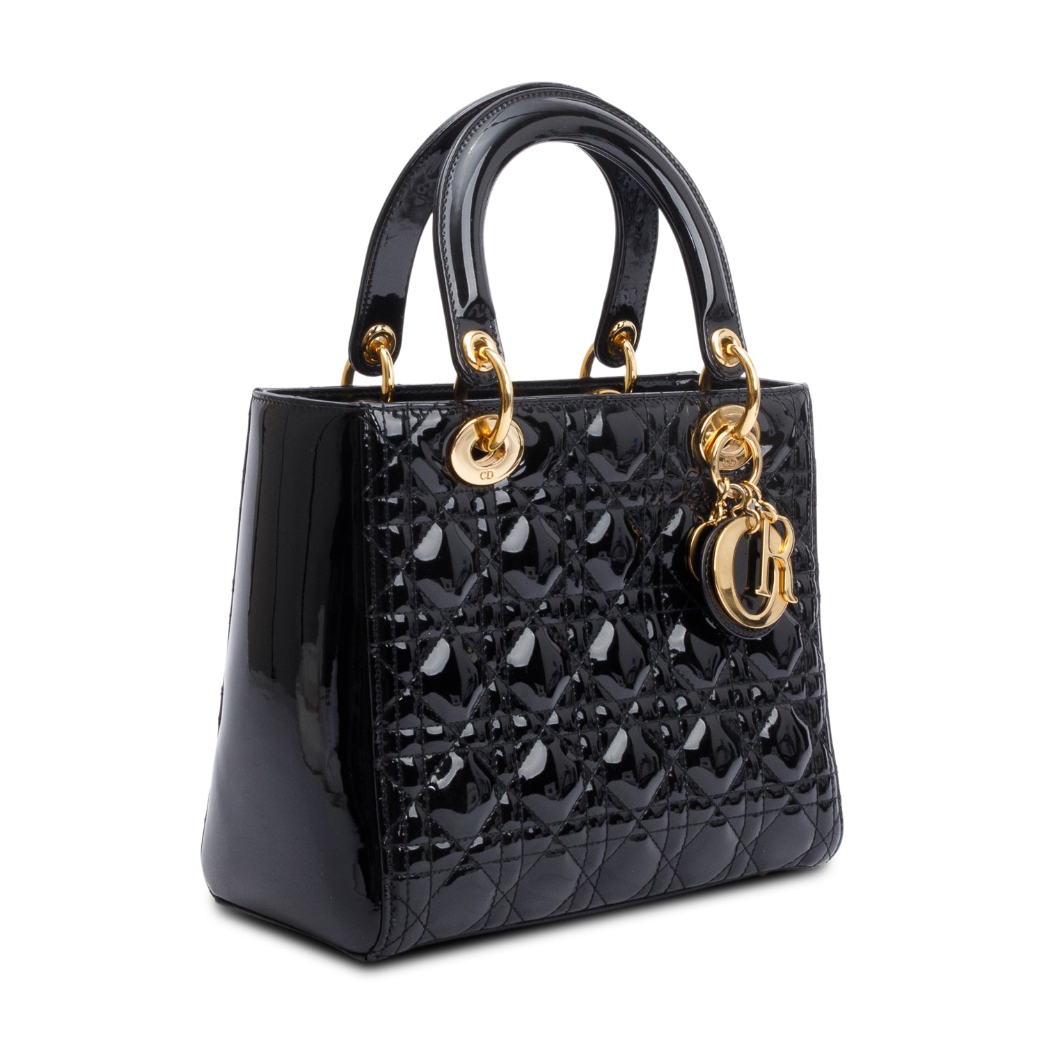 Christian Dior Black Cannage Patent Leather Medium Lady Dior Bag w/ Strap