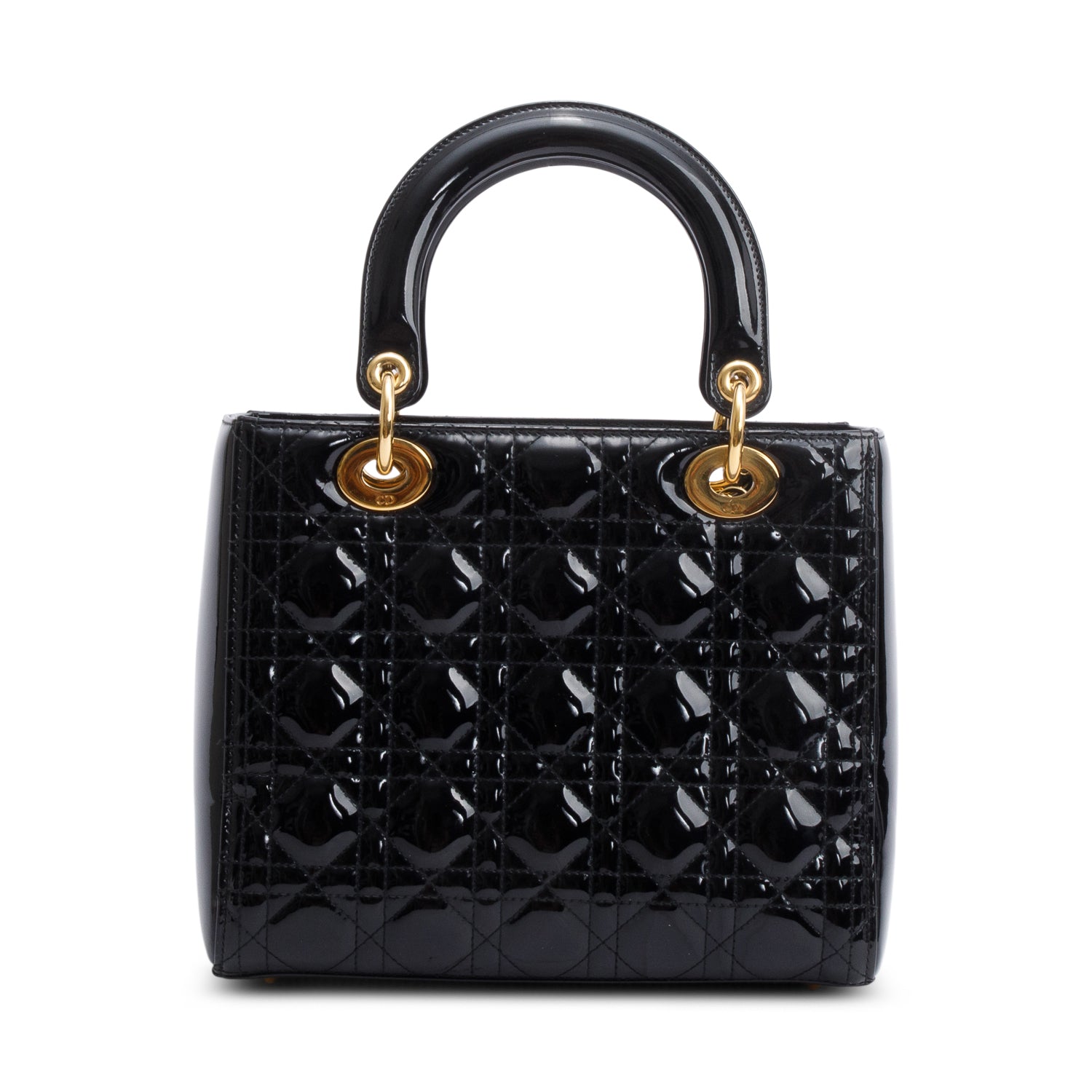 Christian Dior Black Cannage Patent Leather Medium Lady Dior Bag w/ Strap