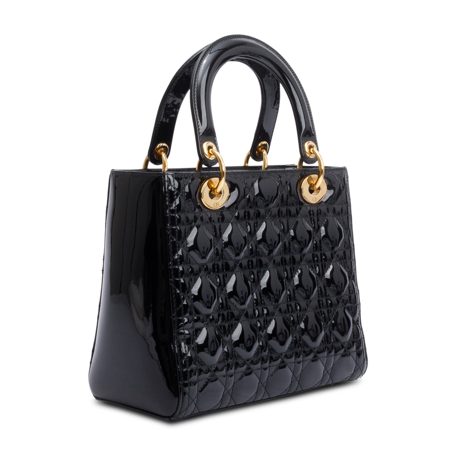 Christian Dior Black Cannage Patent Leather Medium Lady Dior Bag w/ Strap