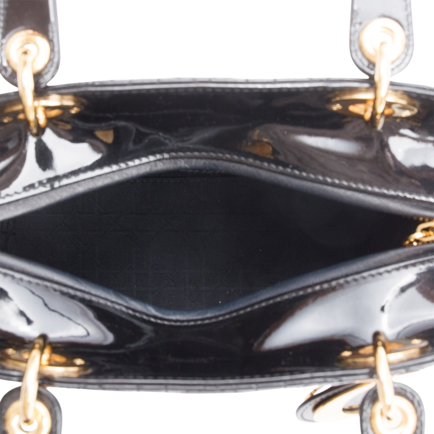 Christian Dior Black Cannage Patent Leather Medium Lady Dior Bag w/ Strap
