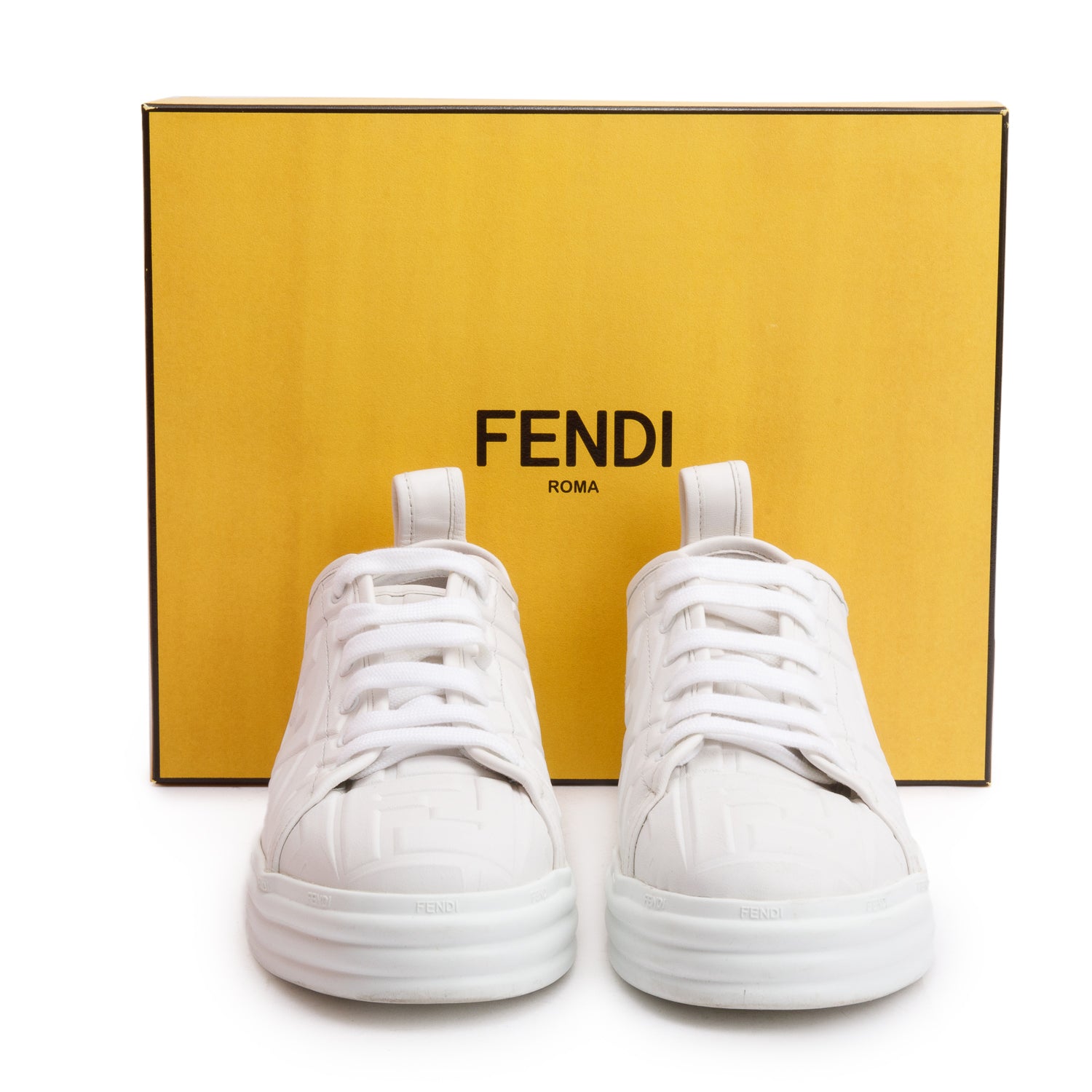 Fendi White FF Embossed Nappa Leather Sneakers, Size 39 w/ Box