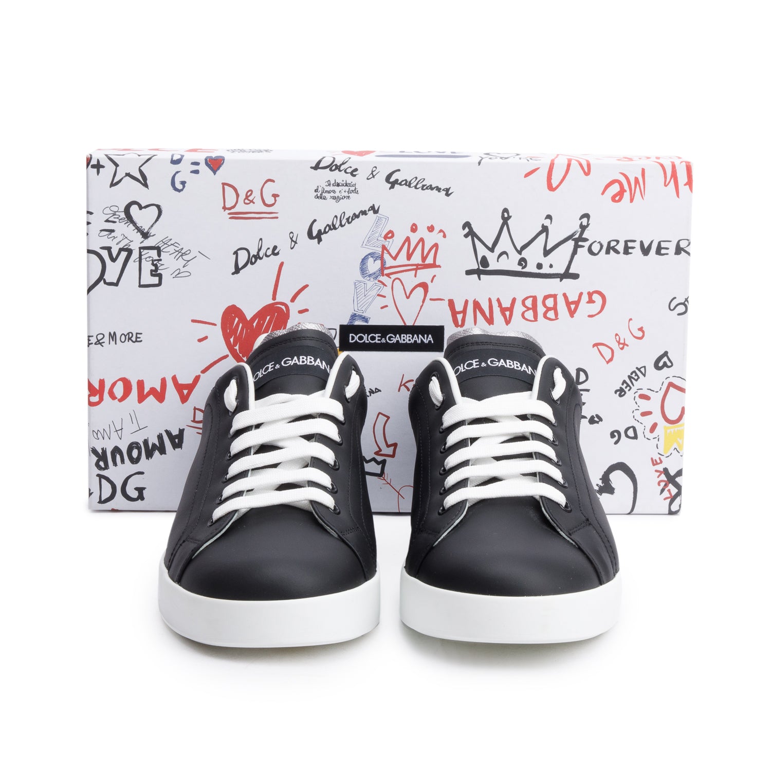 Dolce & Gabbana Black/White Leather Signature Logo Sneaker, Size 10 w/ Box