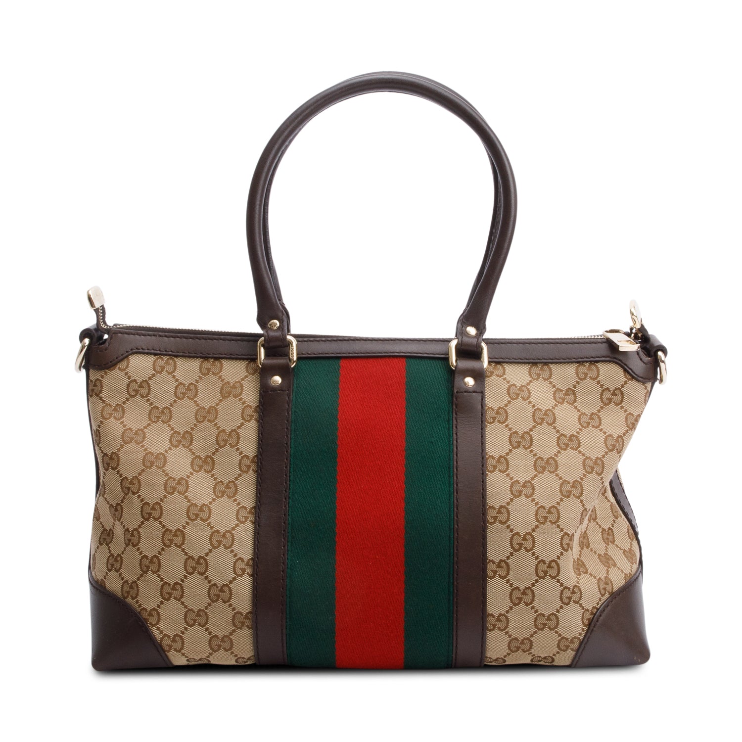Gucci Brown Leather Trim GG Canvas Medium Vintage Web Top Handle Bag w/ Strap