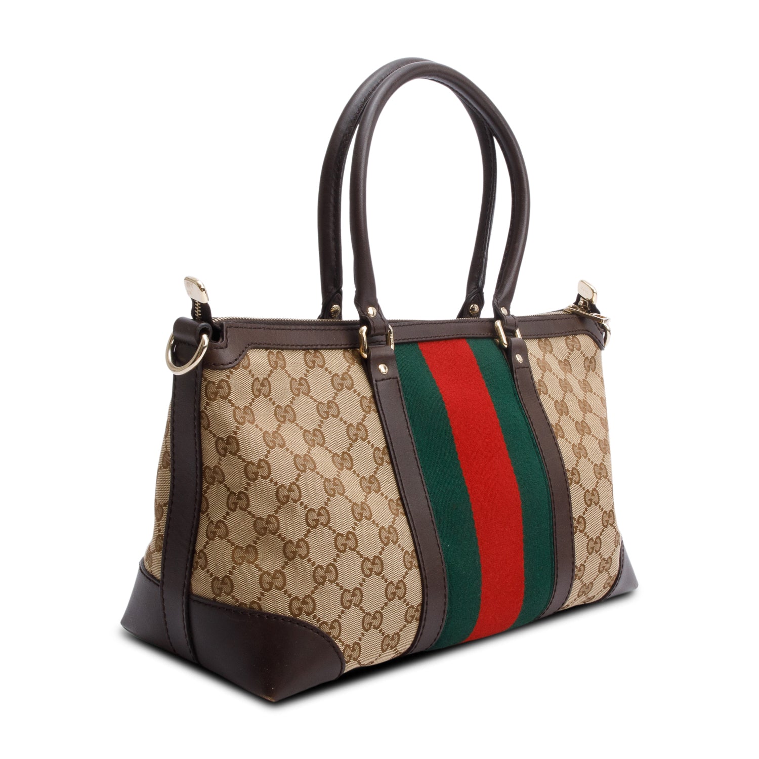 Gucci Brown Leather Trim GG Canvas Medium Vintage Web Top Handle Bag w/ Strap