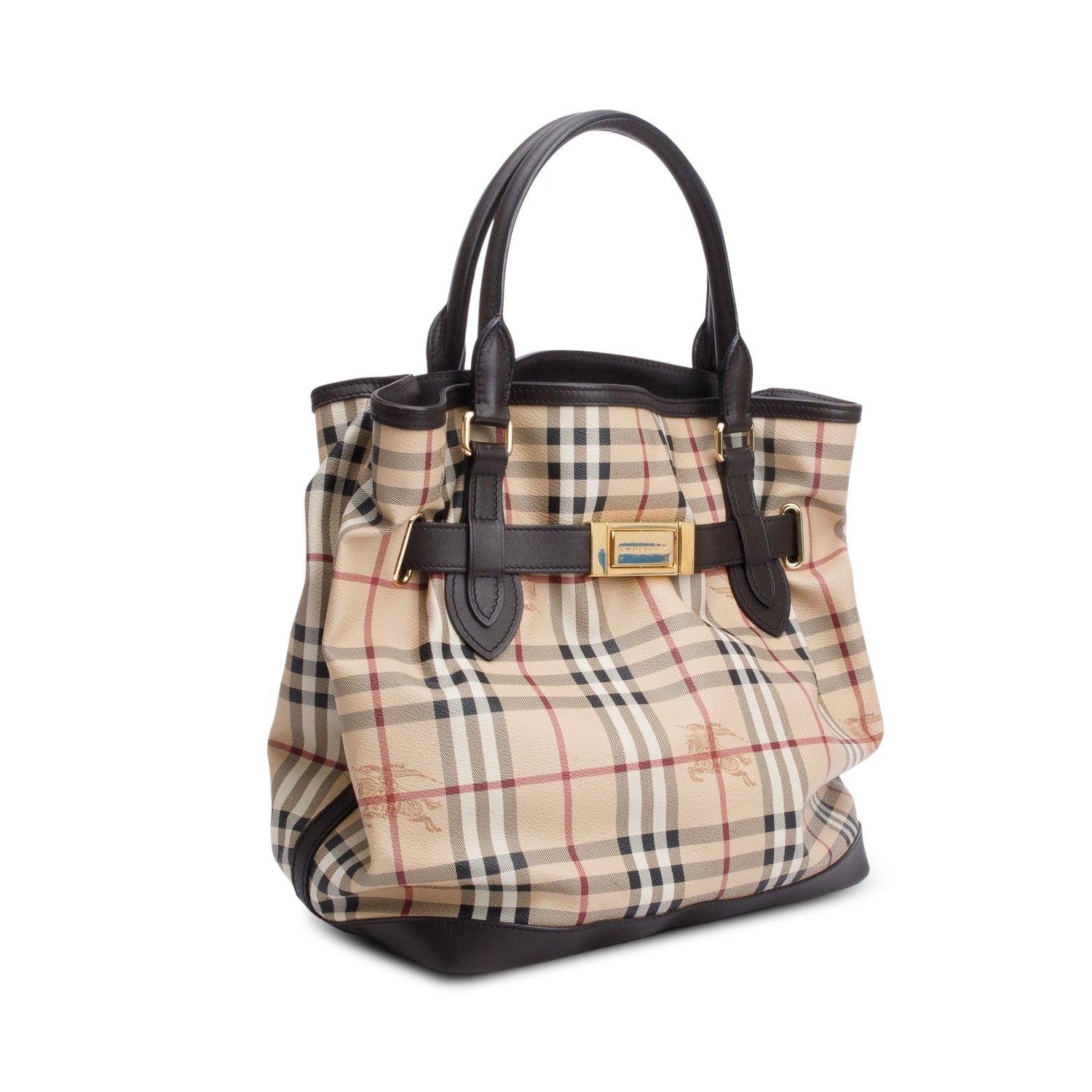 Burberry House Check Brown Leather Trim Medium Golderton Tote w/ Strap