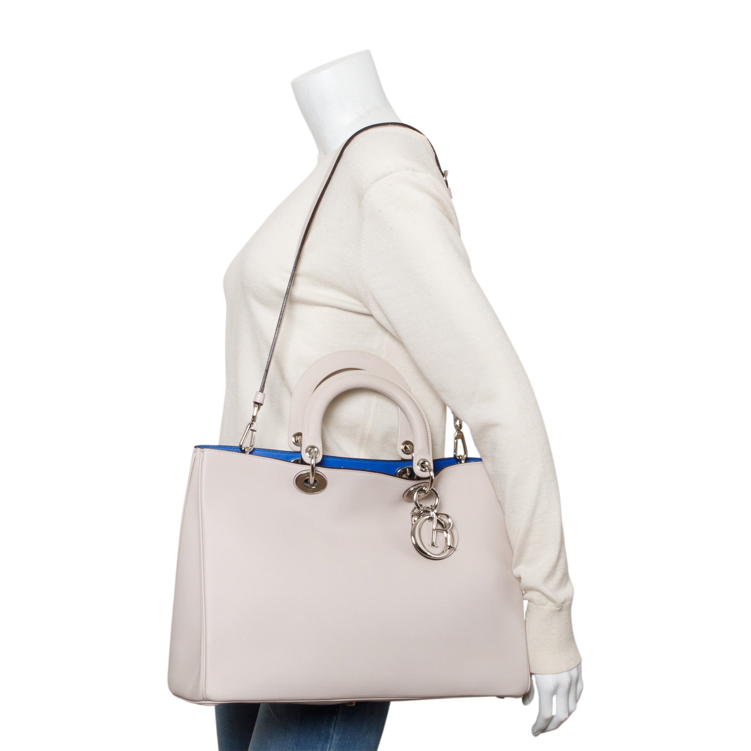 Christian Dior Ivory Calfskin Leather Large Diorissimo Tote w/ Pouch