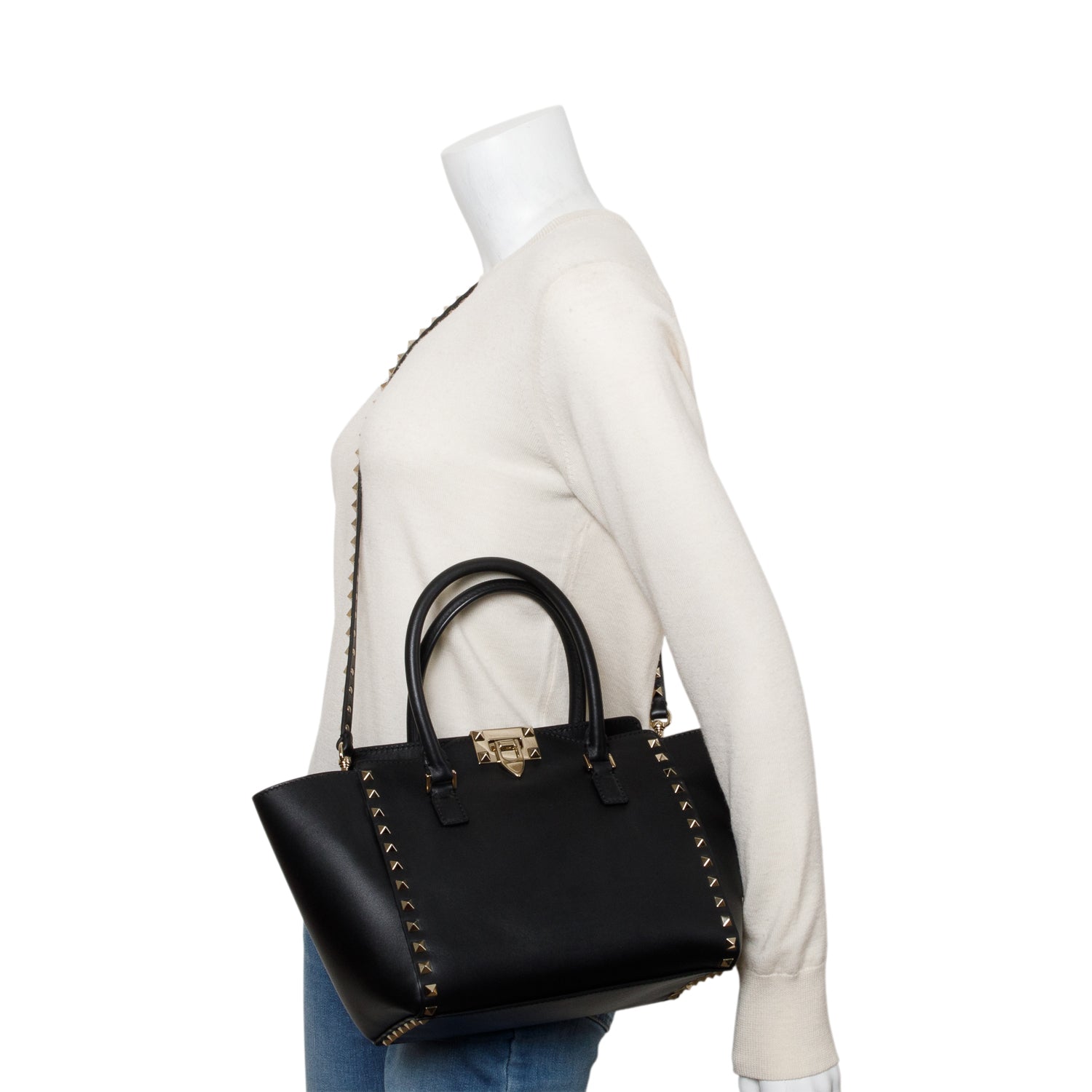 Valentino Black Calfskin Leather Small Rockstud Tote Bag w/ Strap