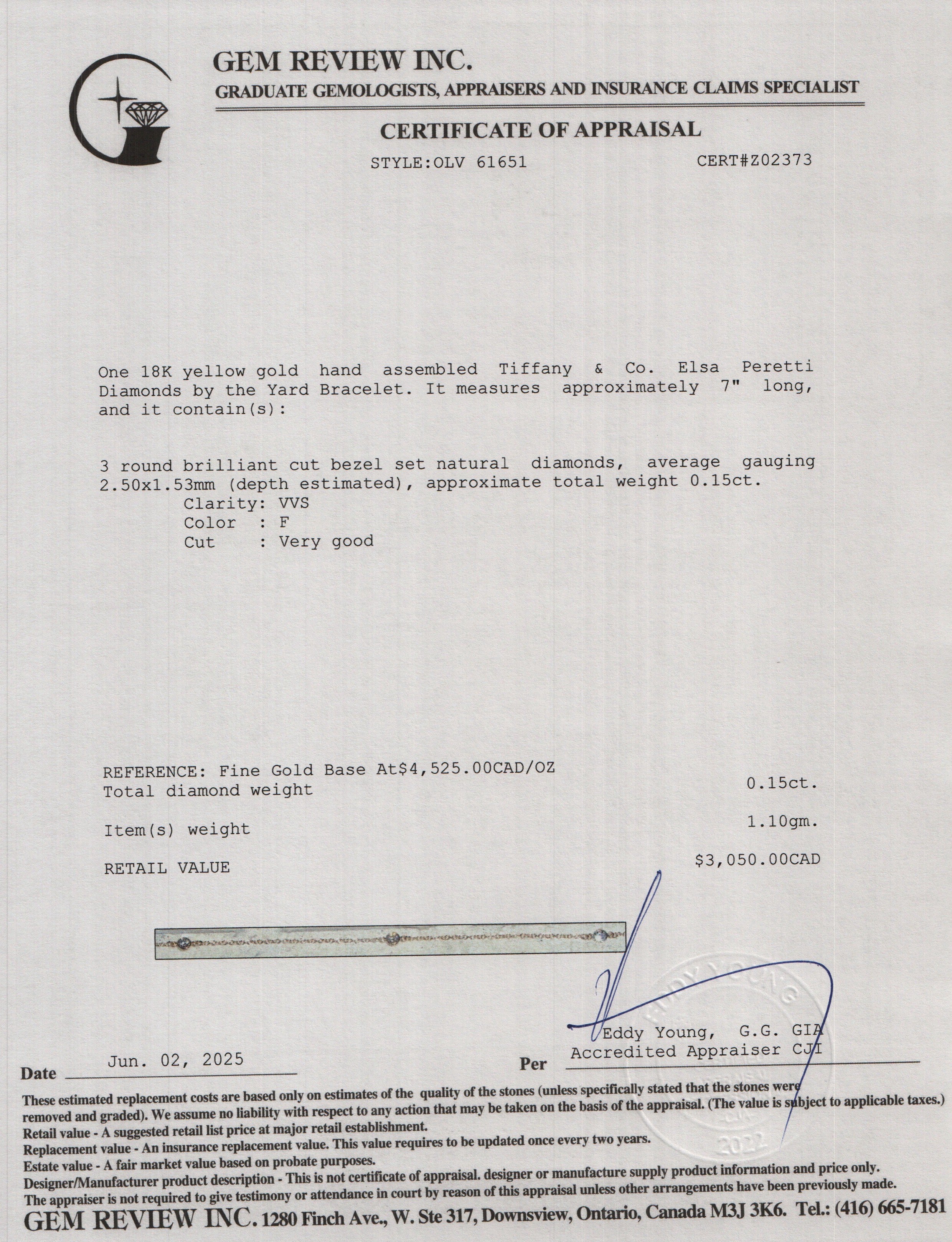 Tiffany & Co. Elsa Peretti 18k Yellow Gold Diamonds by the Yard Bracelet w/ Box