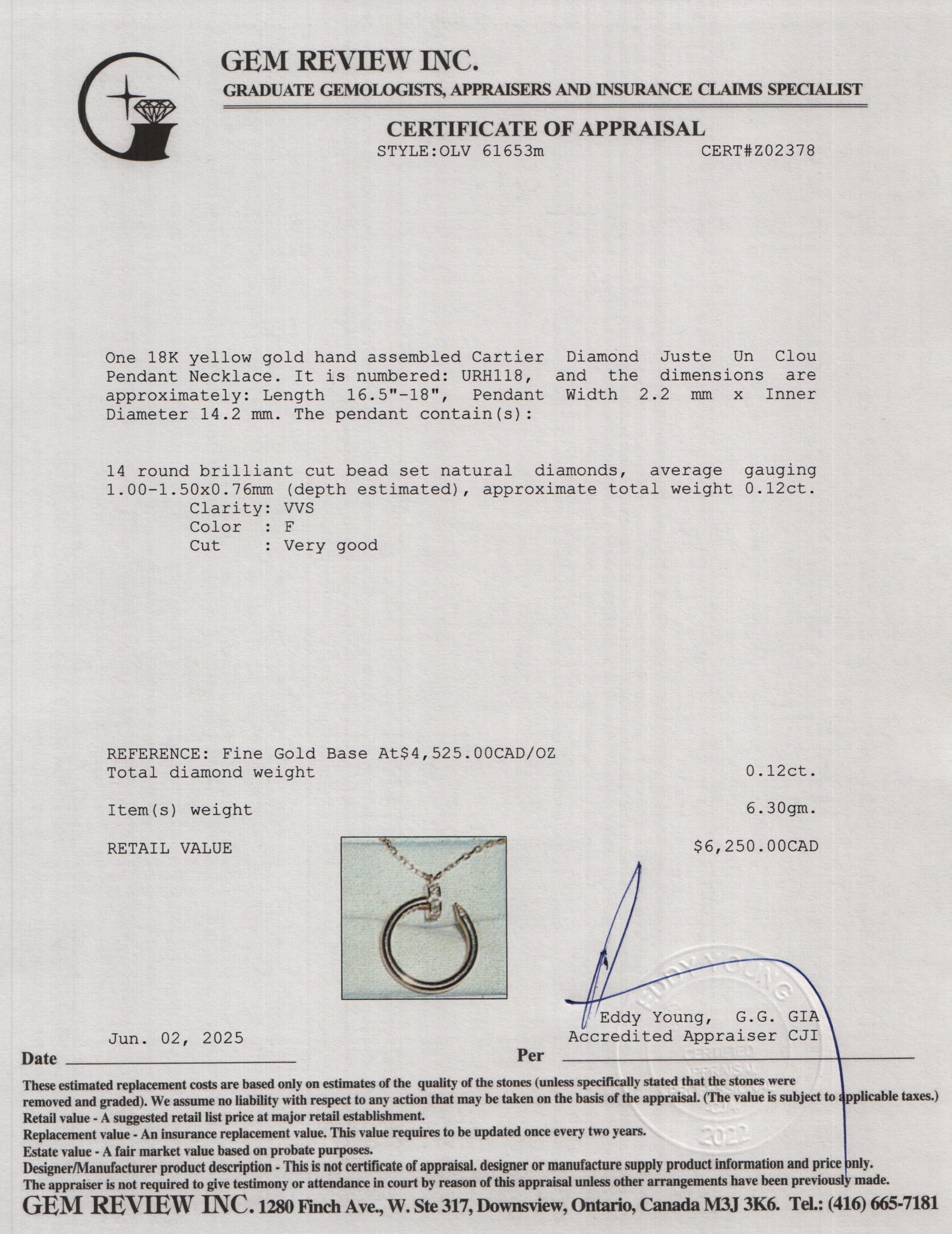 Cartier 2023 18k Yellow Gold Diamond Juste Un Clou Pendant Necklace w/ Box & Certificate