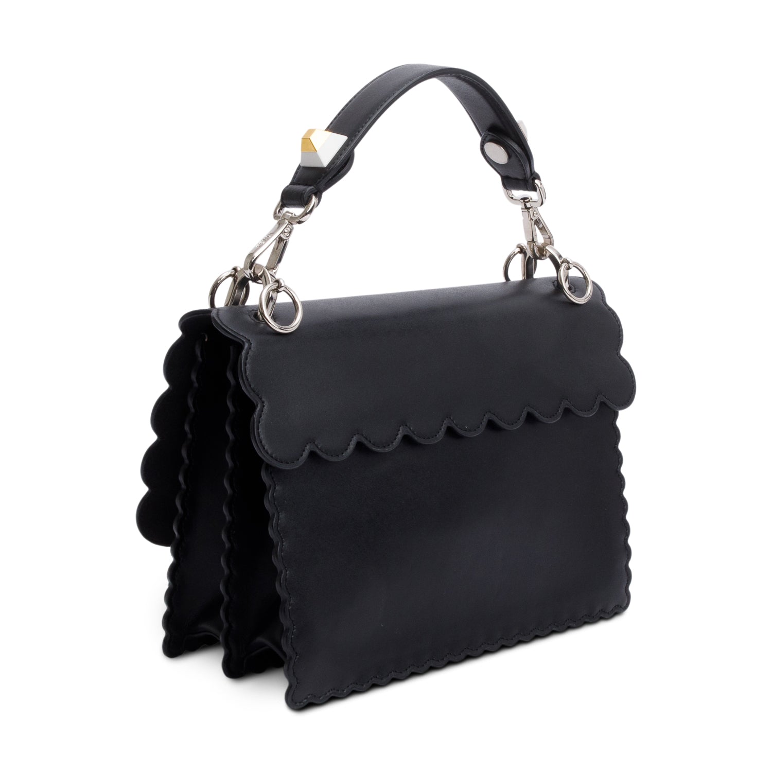 Fendi Black Calfskin Leather Faux Pearl Medium Kan I Scallop Handle Bag