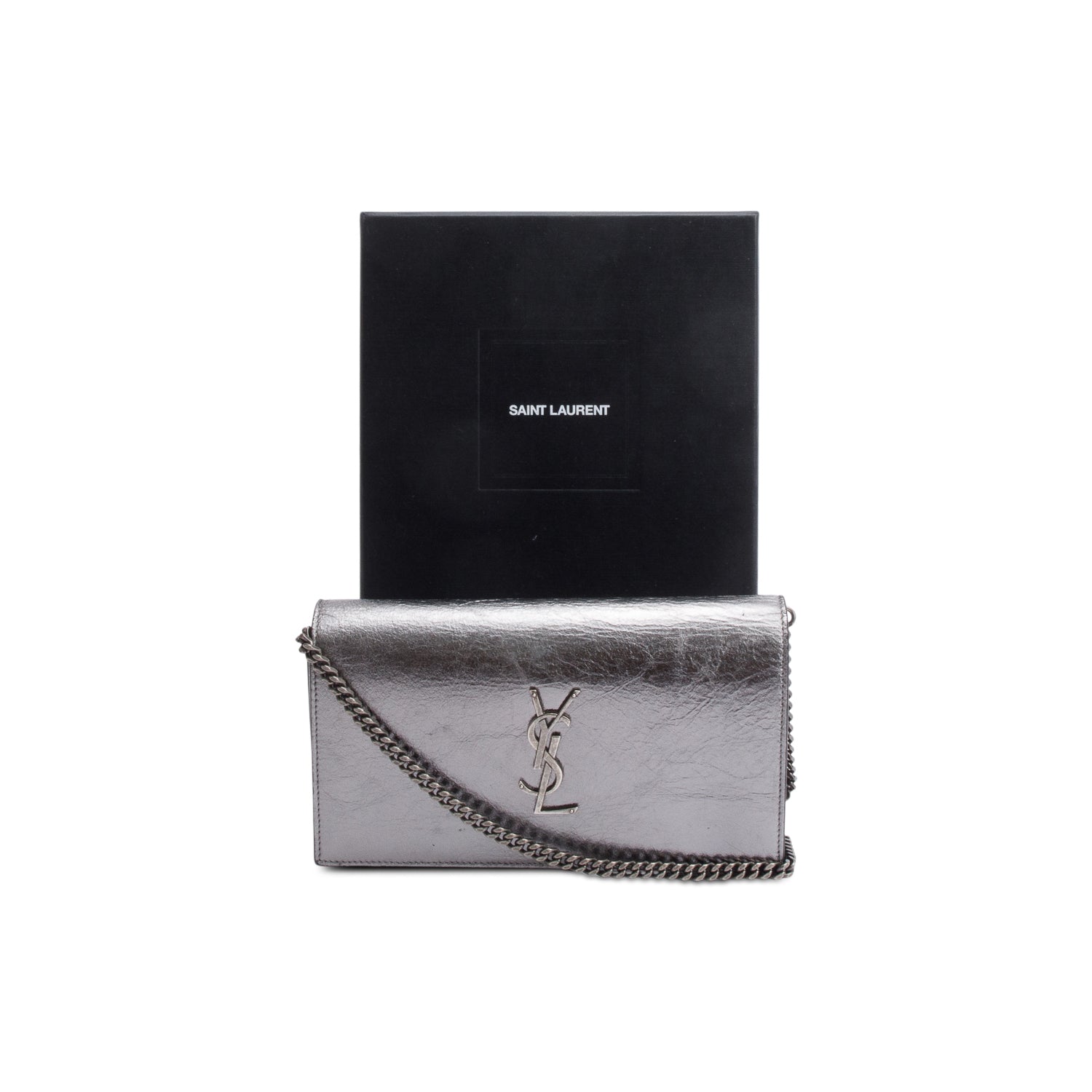 Saint Laurent Grey Aged Calfskin Leather Cassandre Wallet on Chain w/ Box