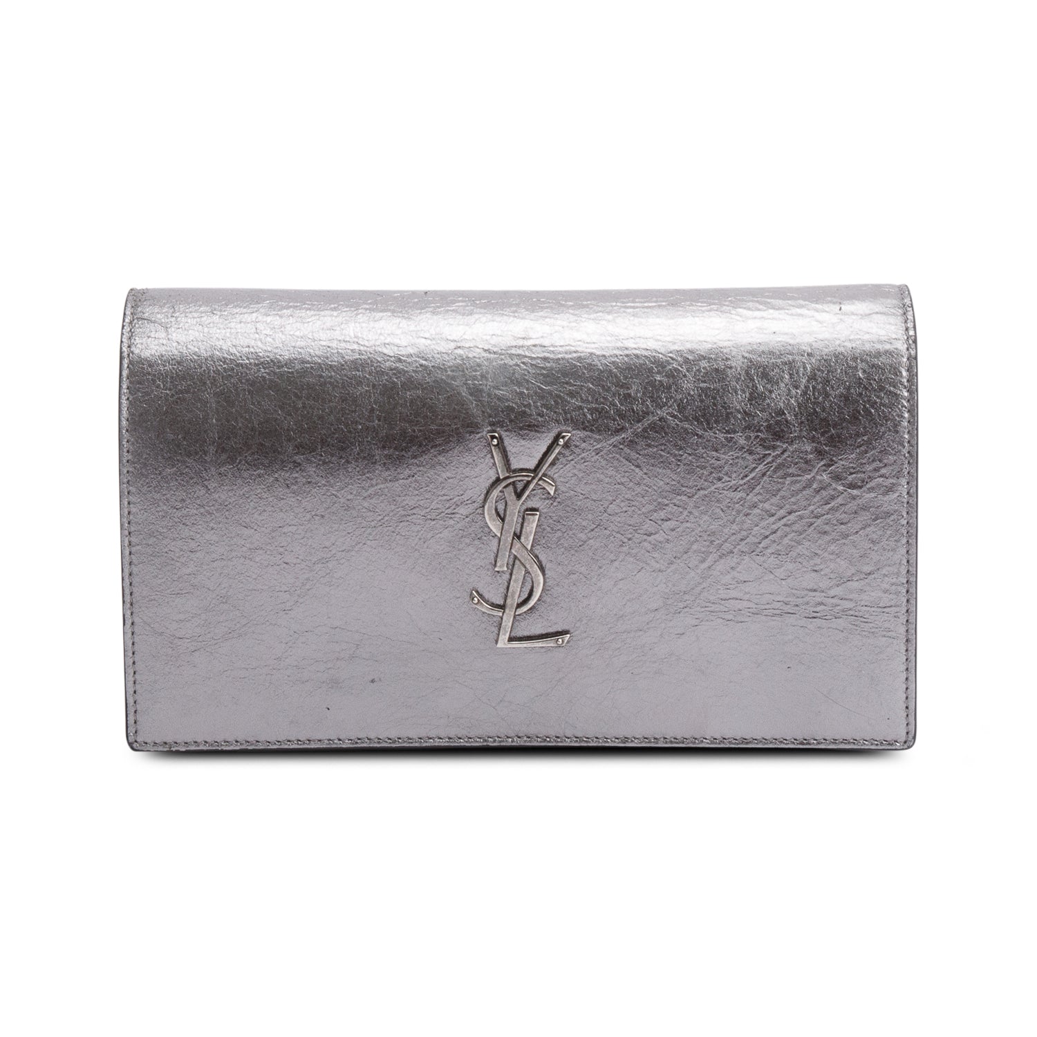 Saint Laurent Grey Aged Calfskin Leather Cassandre Wallet on Chain w/ Box