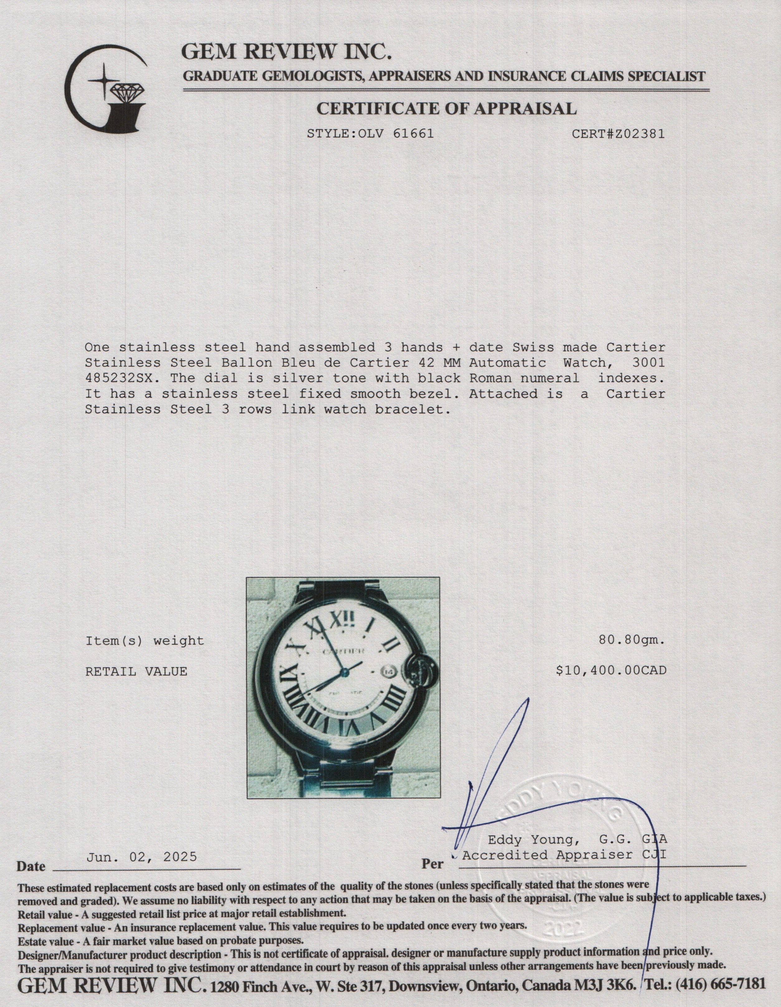 Cartier Stainless Steel Ballon Bleu de Cartier 42 MM Automatic Watch 3001 w/ Box, Papers, Service Receipt & Extra Strap