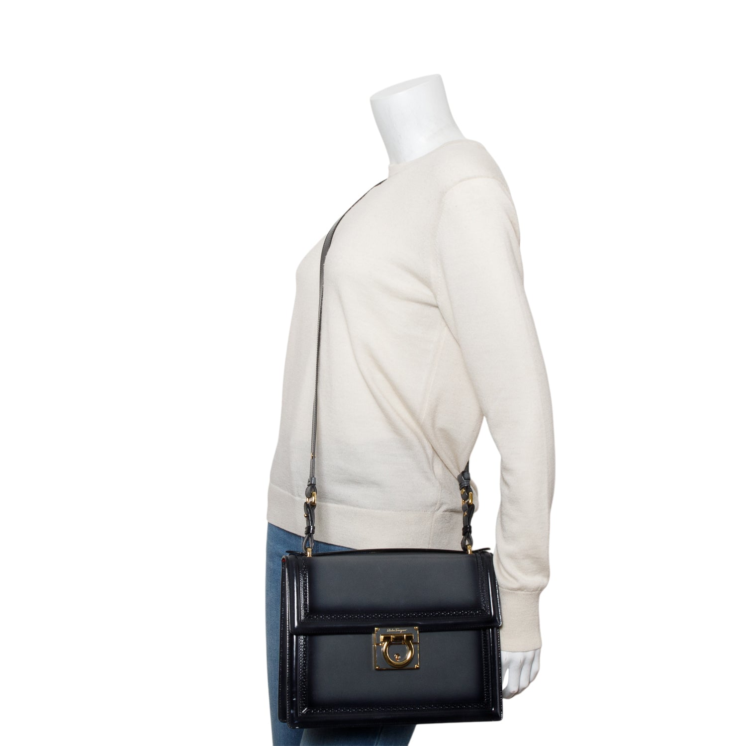 Ferragamo Black/Grey Ombre Patent Leather Marisol Crossbody Bag