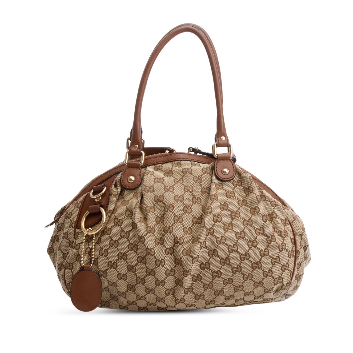 Gucci Beige GG Canvas Brown Leather Trim Medium Sukey Boston Bag w/ Strap