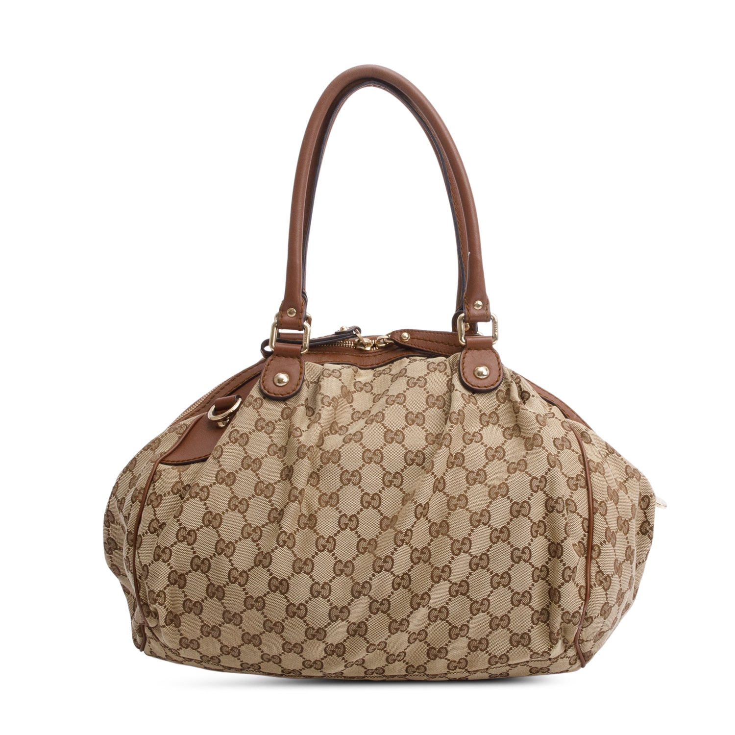Gucci Beige GG Canvas Brown Leather Trim Medium Sukey Boston Bag w/ Strap