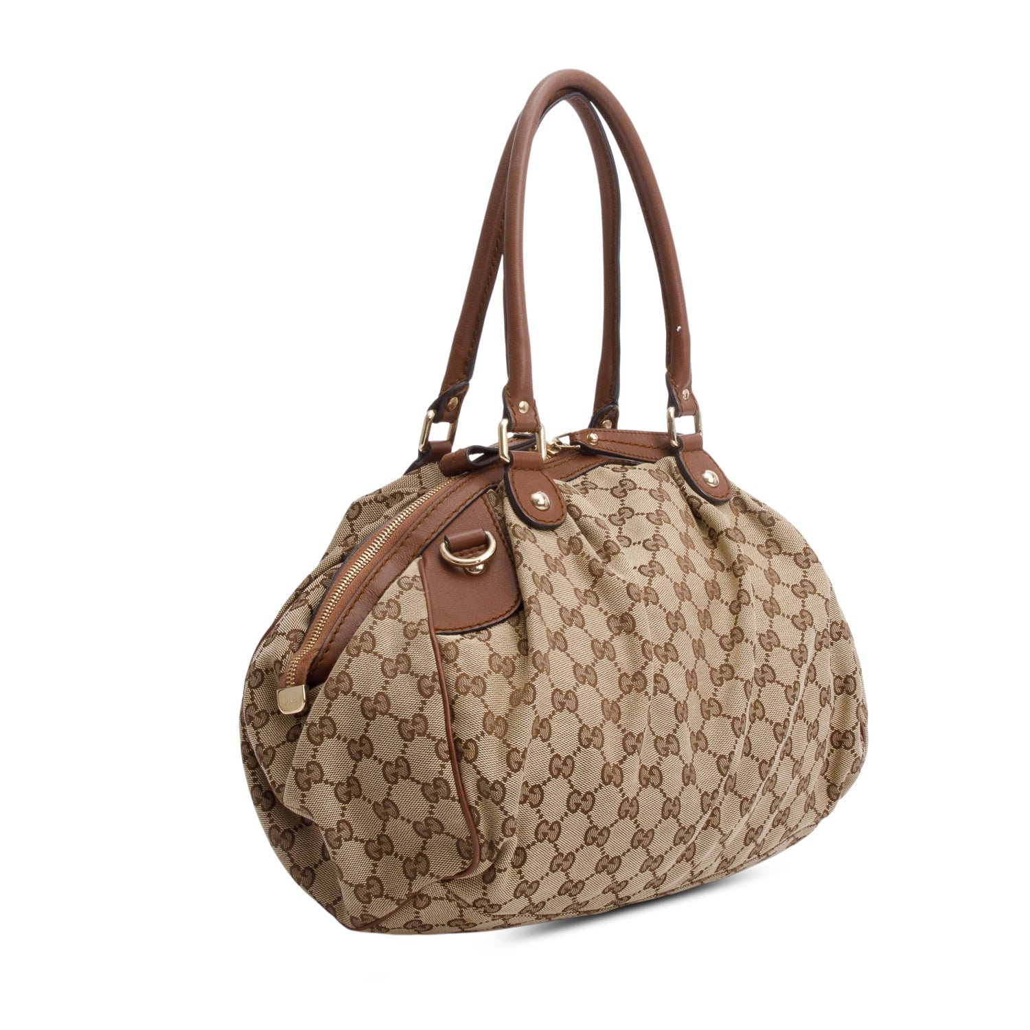 Gucci Beige GG Canvas Brown Leather Trim Medium Sukey Boston Bag w/ Strap