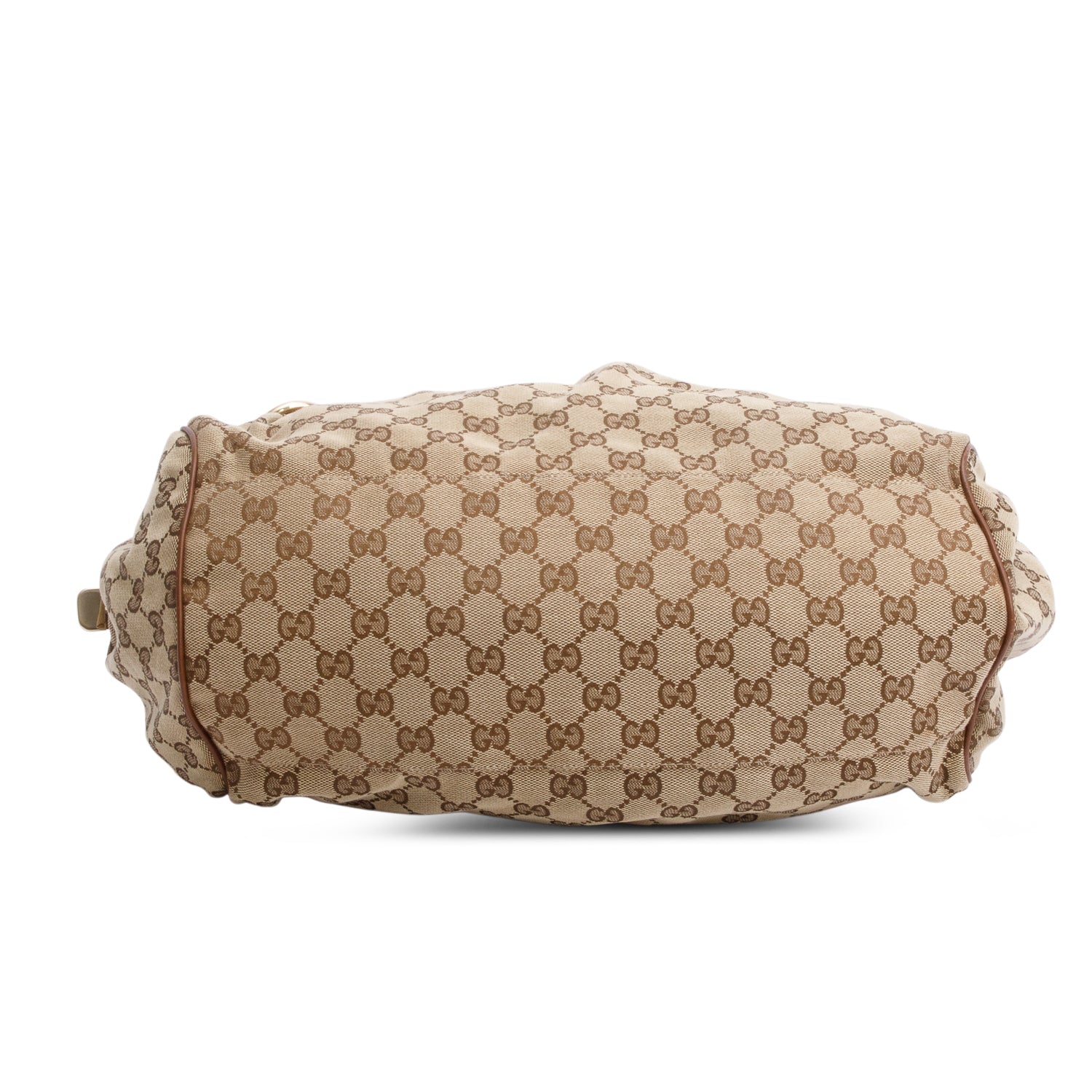 Gucci Beige GG Canvas Brown Leather Trim Medium Sukey Boston Bag w/ Strap