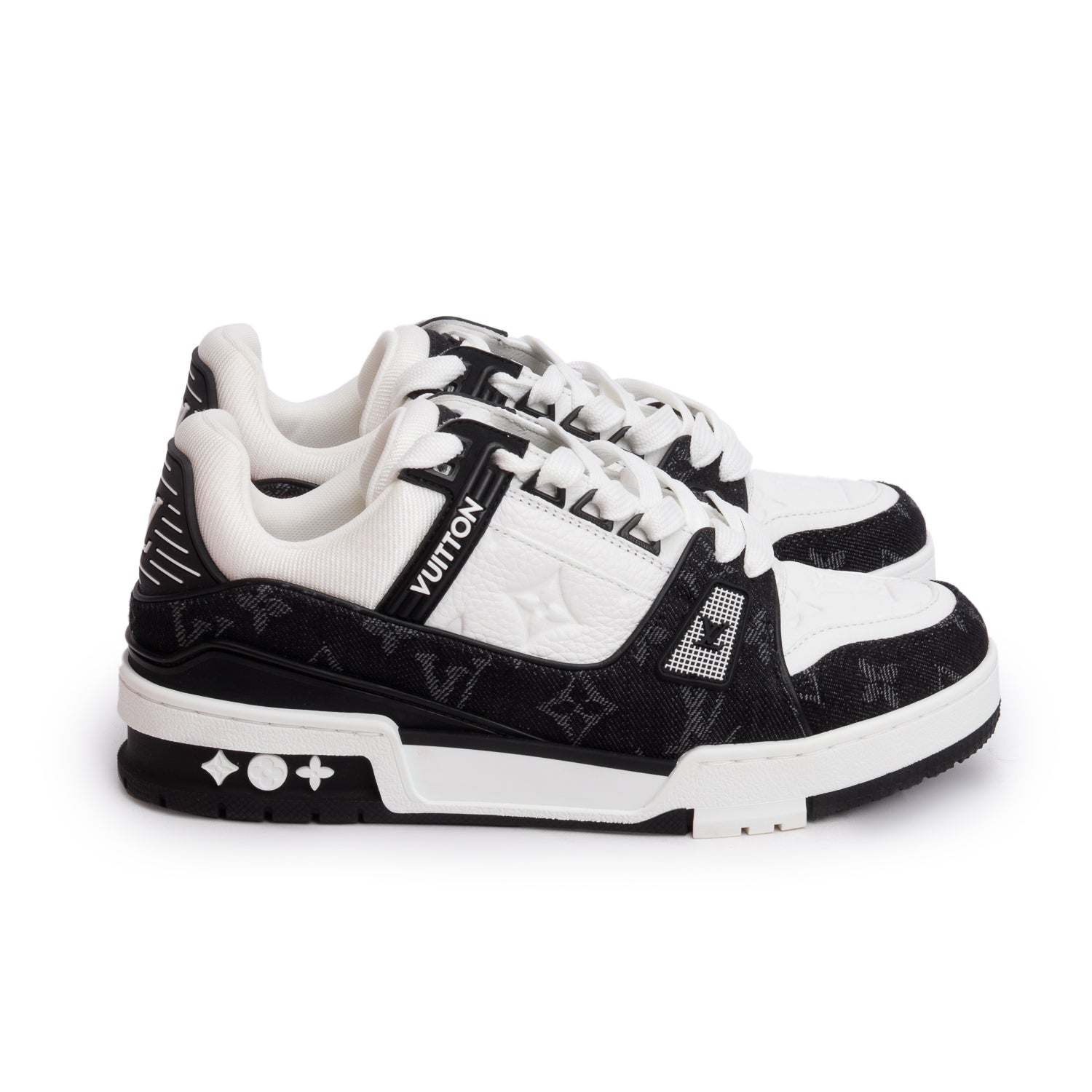 Louis Vuitton 2024 Black Monogram Denim White Embossed Calfskin Leather Trainer Sneakers, Size 37 w/ Box
