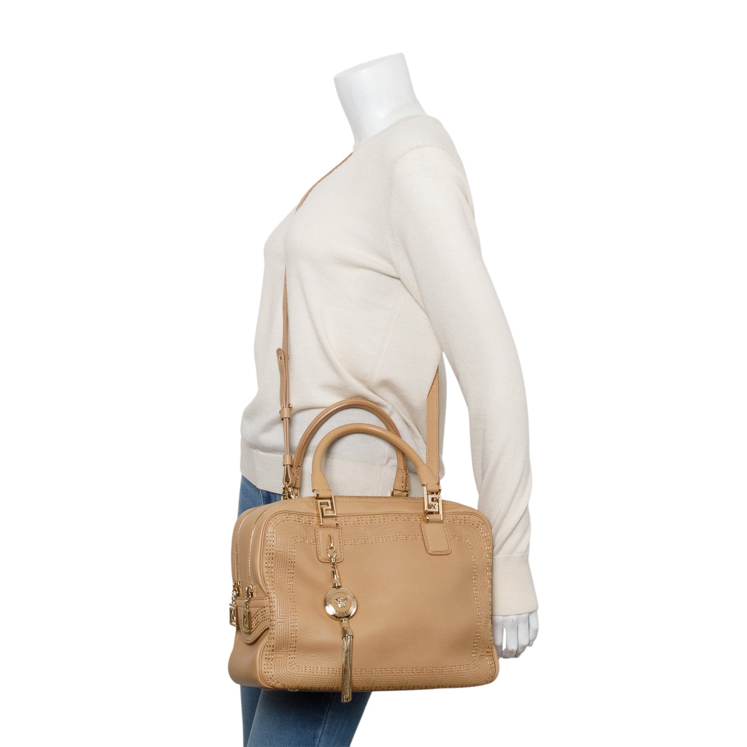 Versace Beige Calfskin Leather Athena Vanitas Bowling Bag w/ Strap