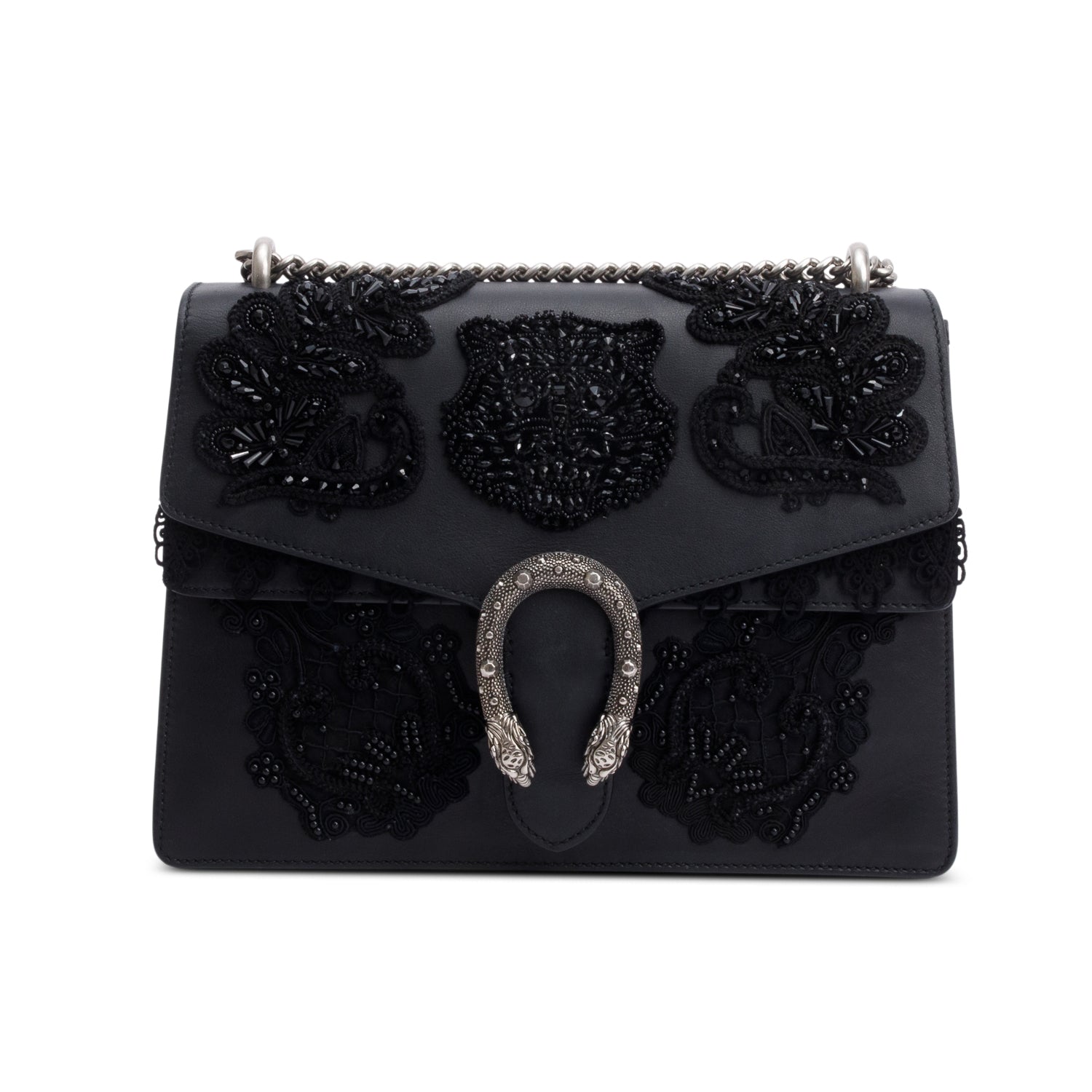 Gucci Black Lace Beaded Embellishment Leather Dionysus Medium Shoulder Bag