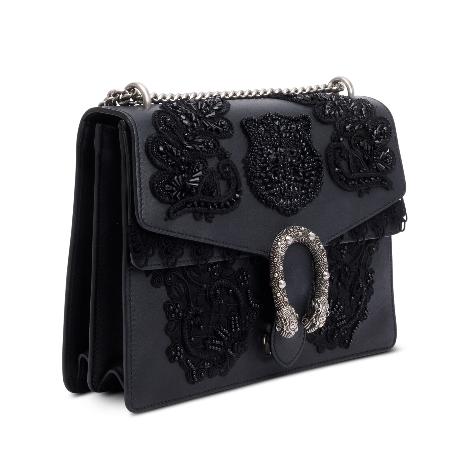 Gucci Black Lace Beaded Embellishment Leather Dionysus Medium Shoulder Bag