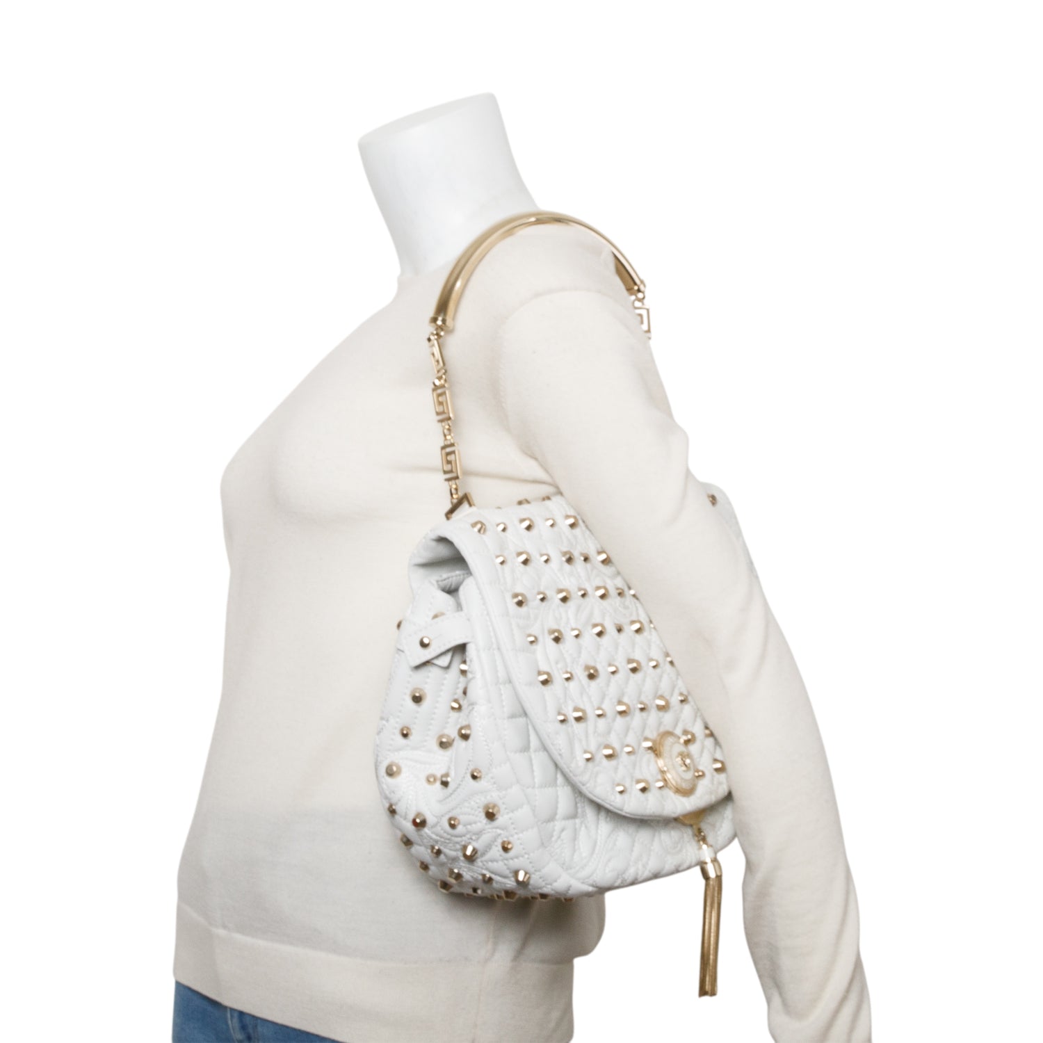 Versace White Quilted Calfskin Leather Studded Tassel Talia Vanitas Shoulder Bag