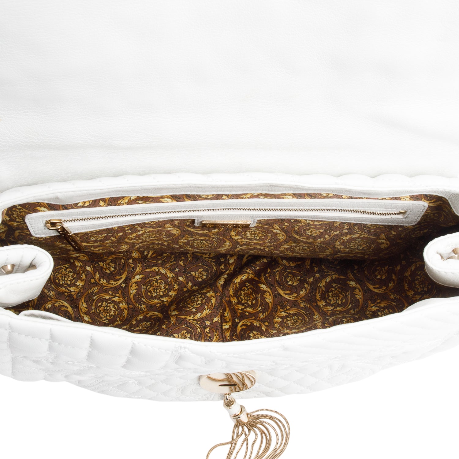 Versace White Quilted Calfskin Leather Studded Tassel Talia Vanitas Shoulder Bag