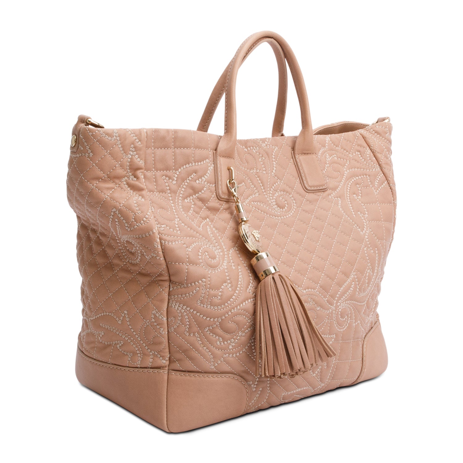 Versace Beige Quilted Calfskin Leather Tassel Elettra Vanitas Tote Bag