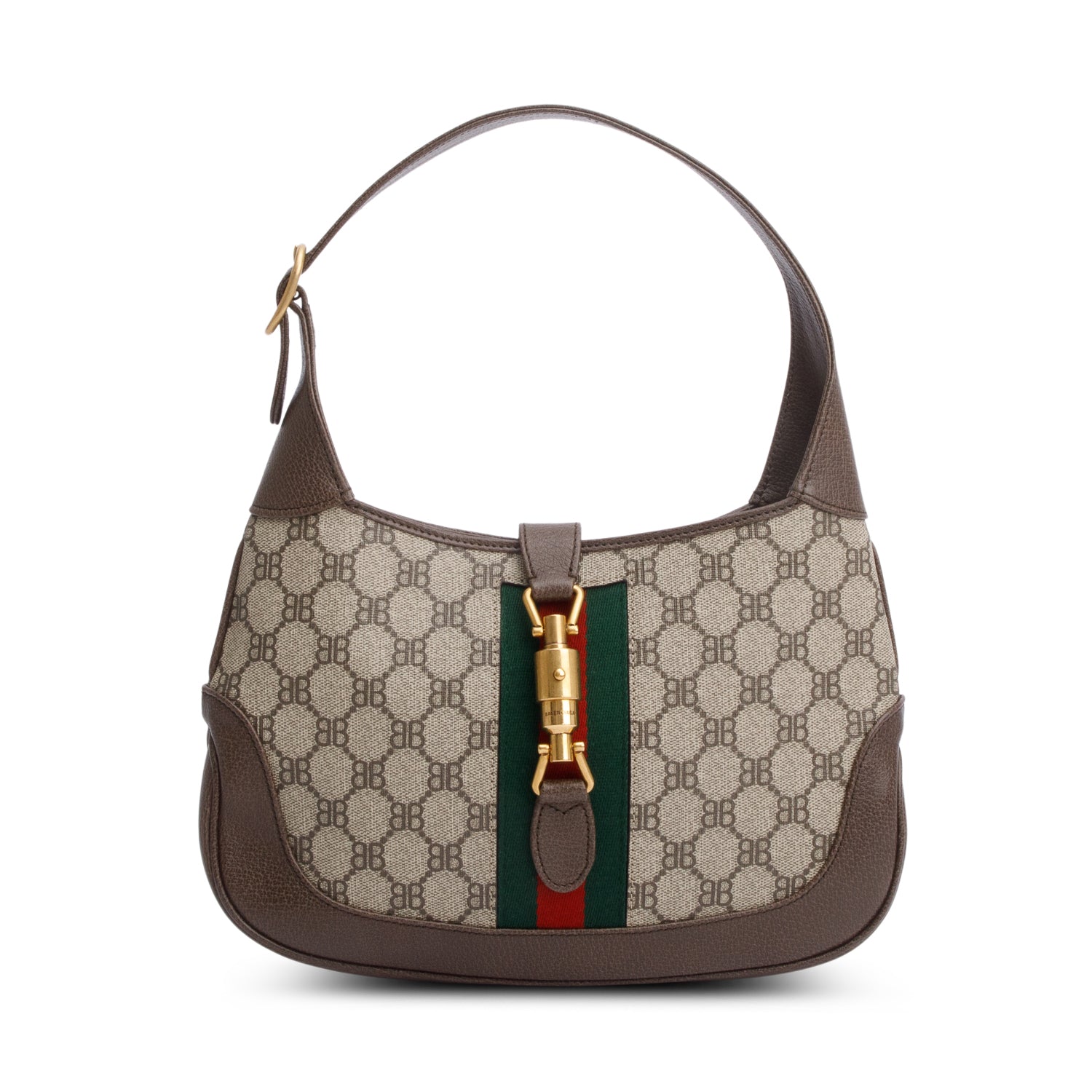 Gucci X Balenciaga BB Supreme Canvas & Brown Calfskin Leather Web Small Jackie 1961 Hobo