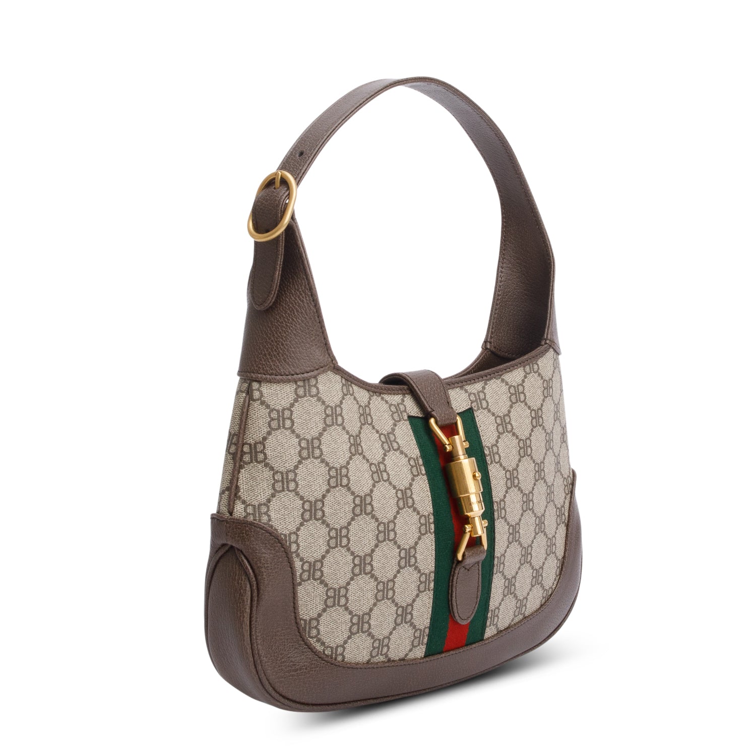 Gucci X Balenciaga BB Supreme Canvas & Brown Calfskin Leather Web Small Jackie 1961 Hobo