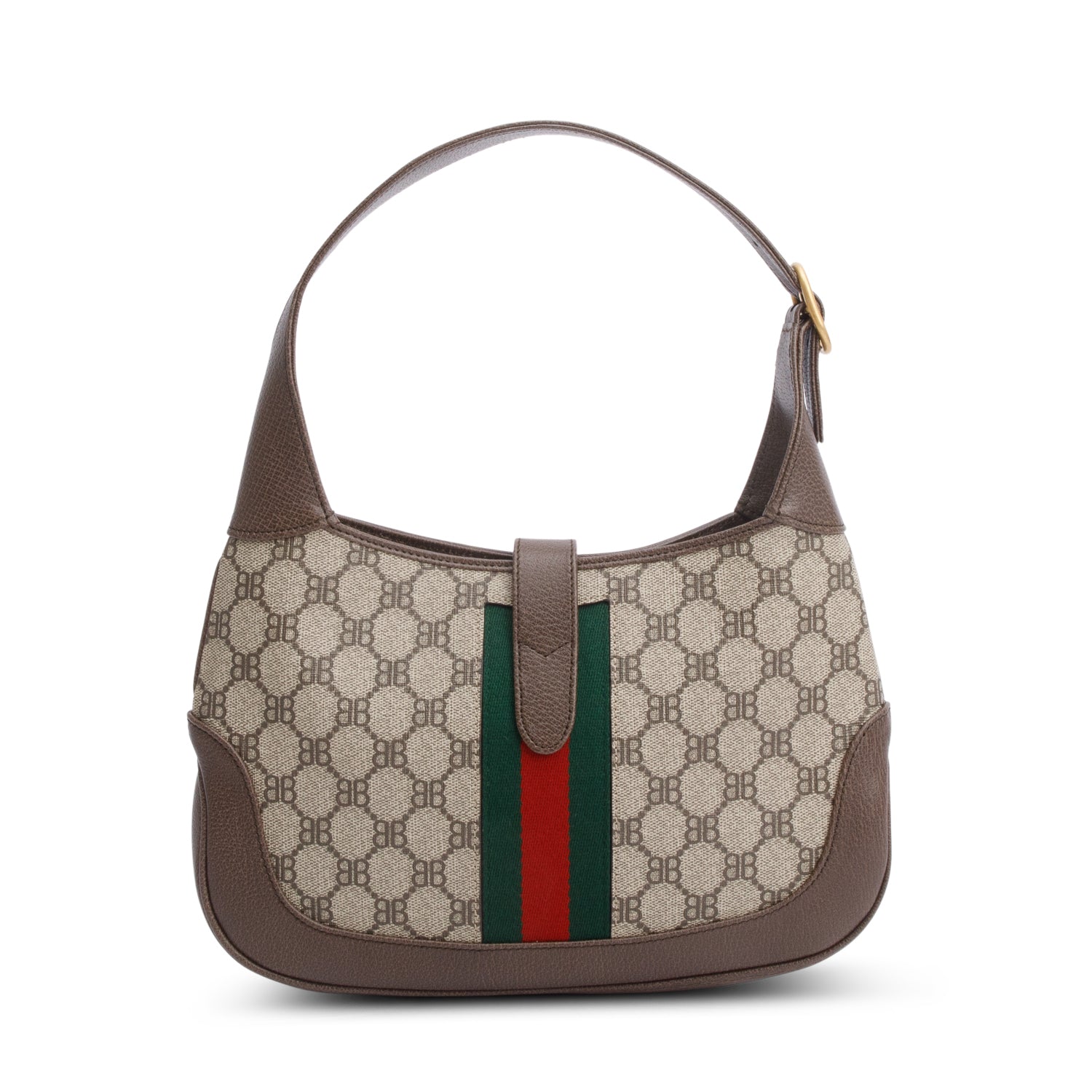 Gucci X Balenciaga BB Supreme Canvas & Brown Calfskin Leather Web Small Jackie 1961 Hobo