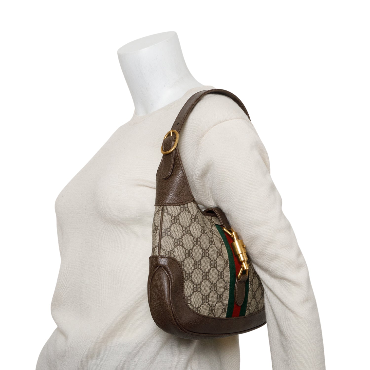 Gucci X Balenciaga BB Supreme Canvas & Brown Calfskin Leather Web Small Jackie 1961 Hobo