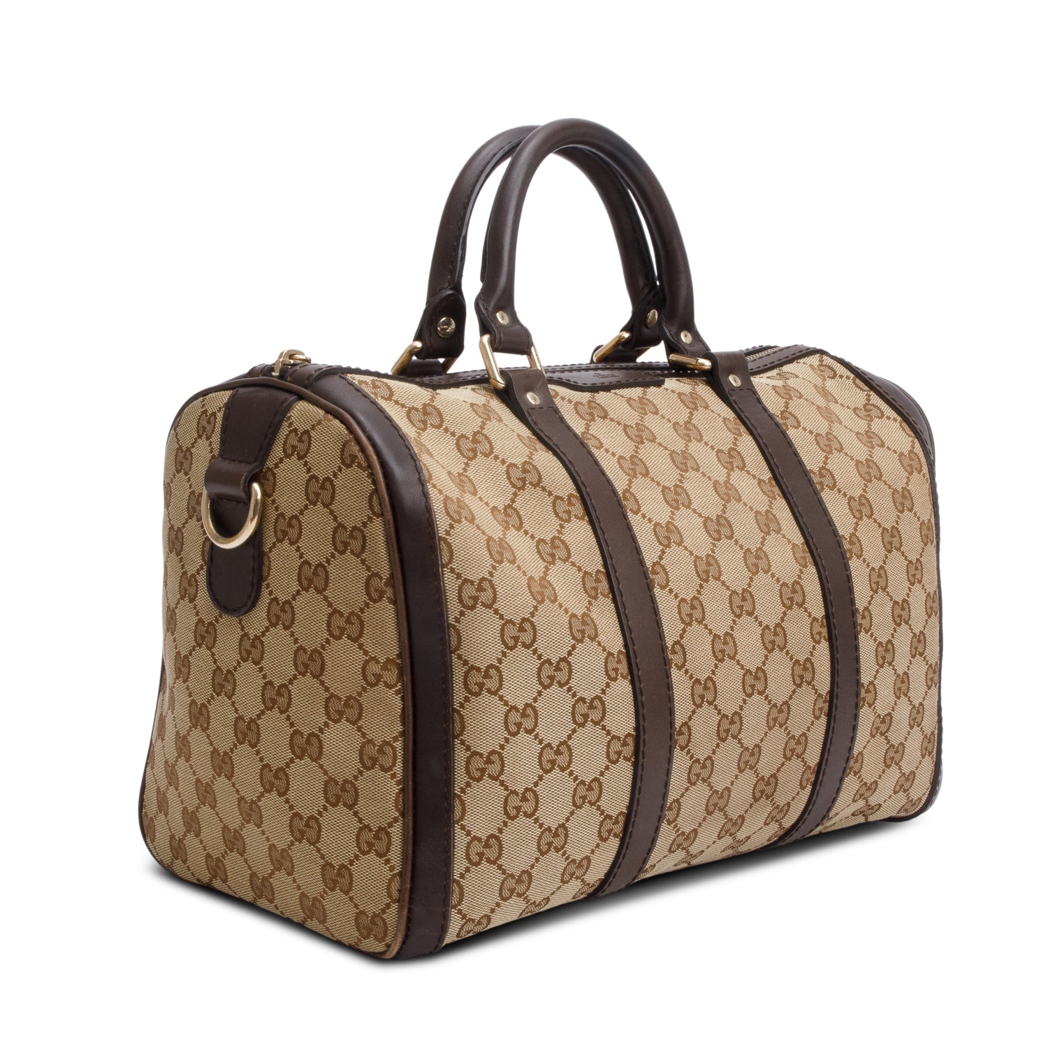 Gucci Beige GG Canvas Brown Leather Trim Joy Boston Bag w/ Strap