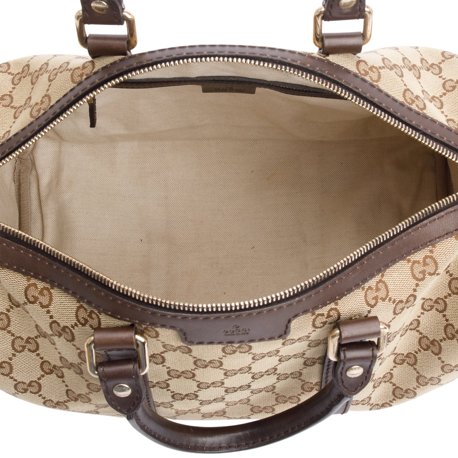 Gucci Beige GG Canvas Brown Leather Trim Joy Boston Bag w/ Strap