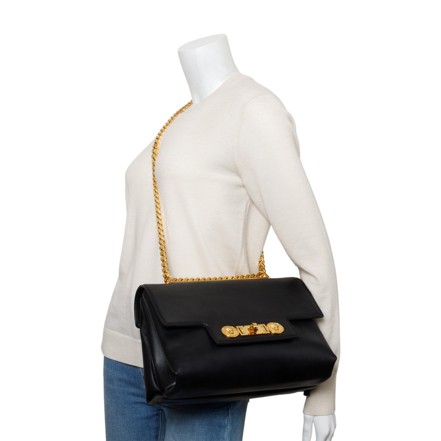 Versace Black Leather Medallion Tribute Flap Chain Shoulder Bag