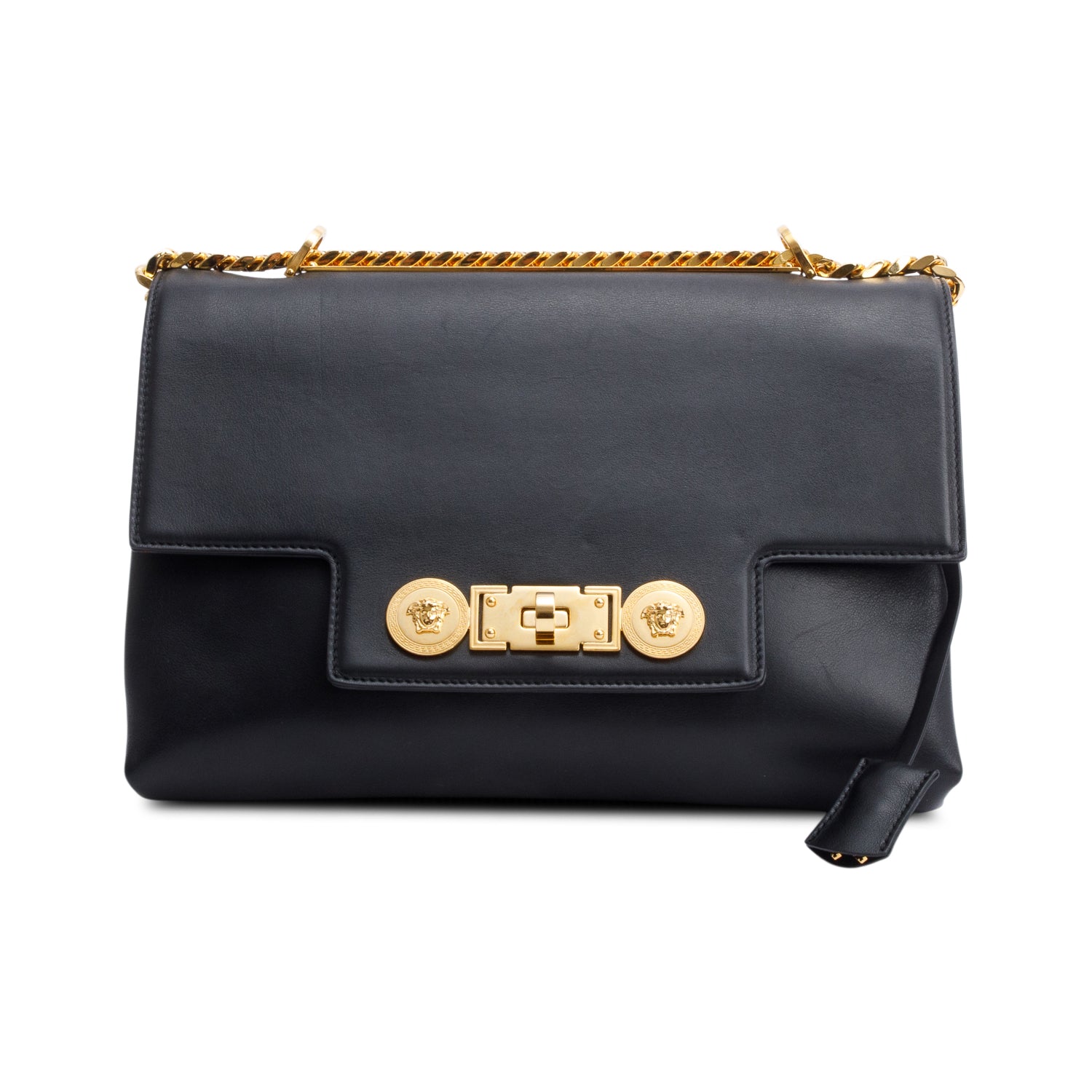 Versace Black Leather Medallion Tribute Flap Chain Shoulder Bag